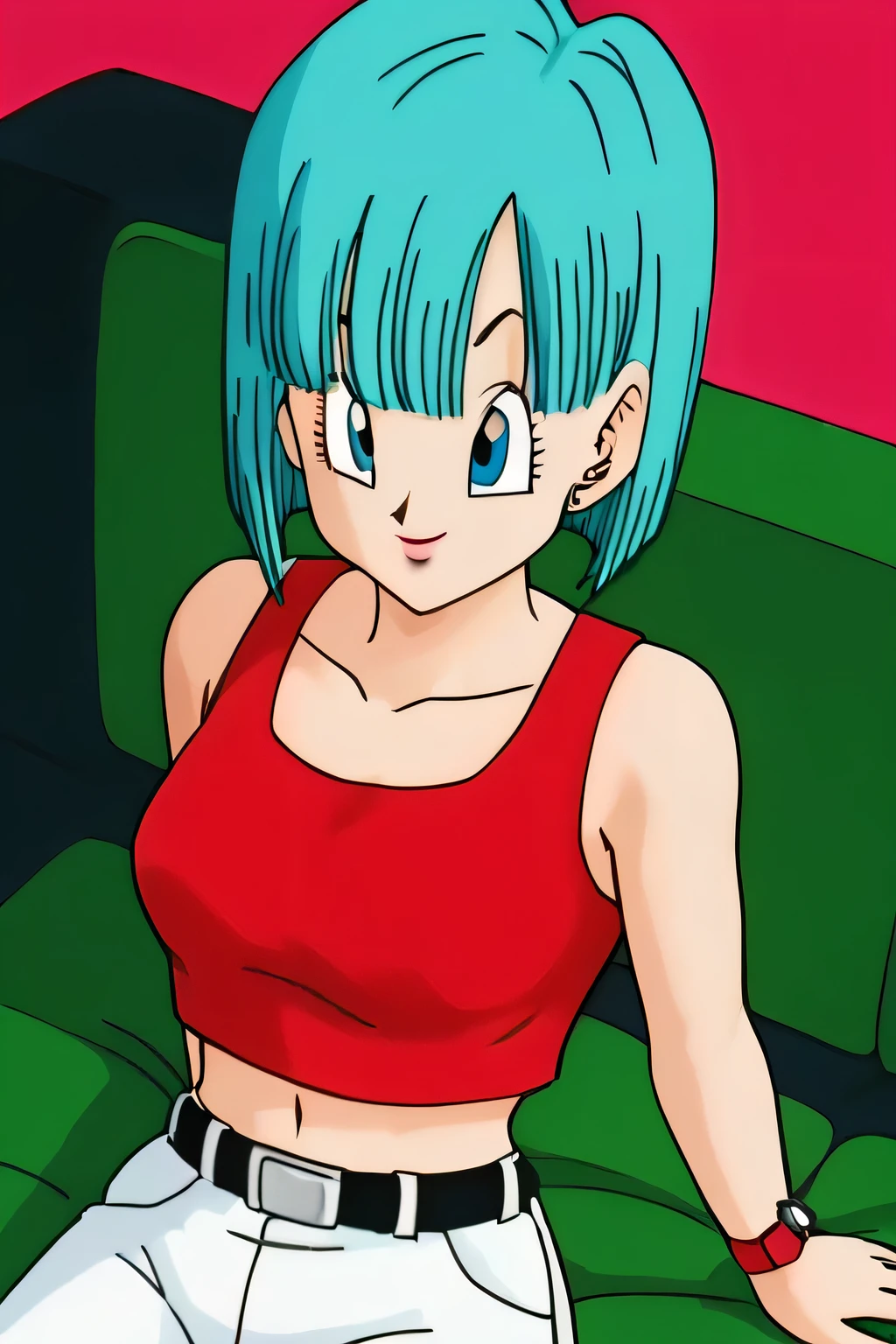 source_anime, score_9, score_8_up, score_7_up, anime screencap, bulma, short hair, aqua hair, bob cut, bangs, blue eyes, 1girl, solo, bare shoulders, midriff, belt, medium breast, red crop top, white pants, wristwatch, sitting on a couch, seductive smile