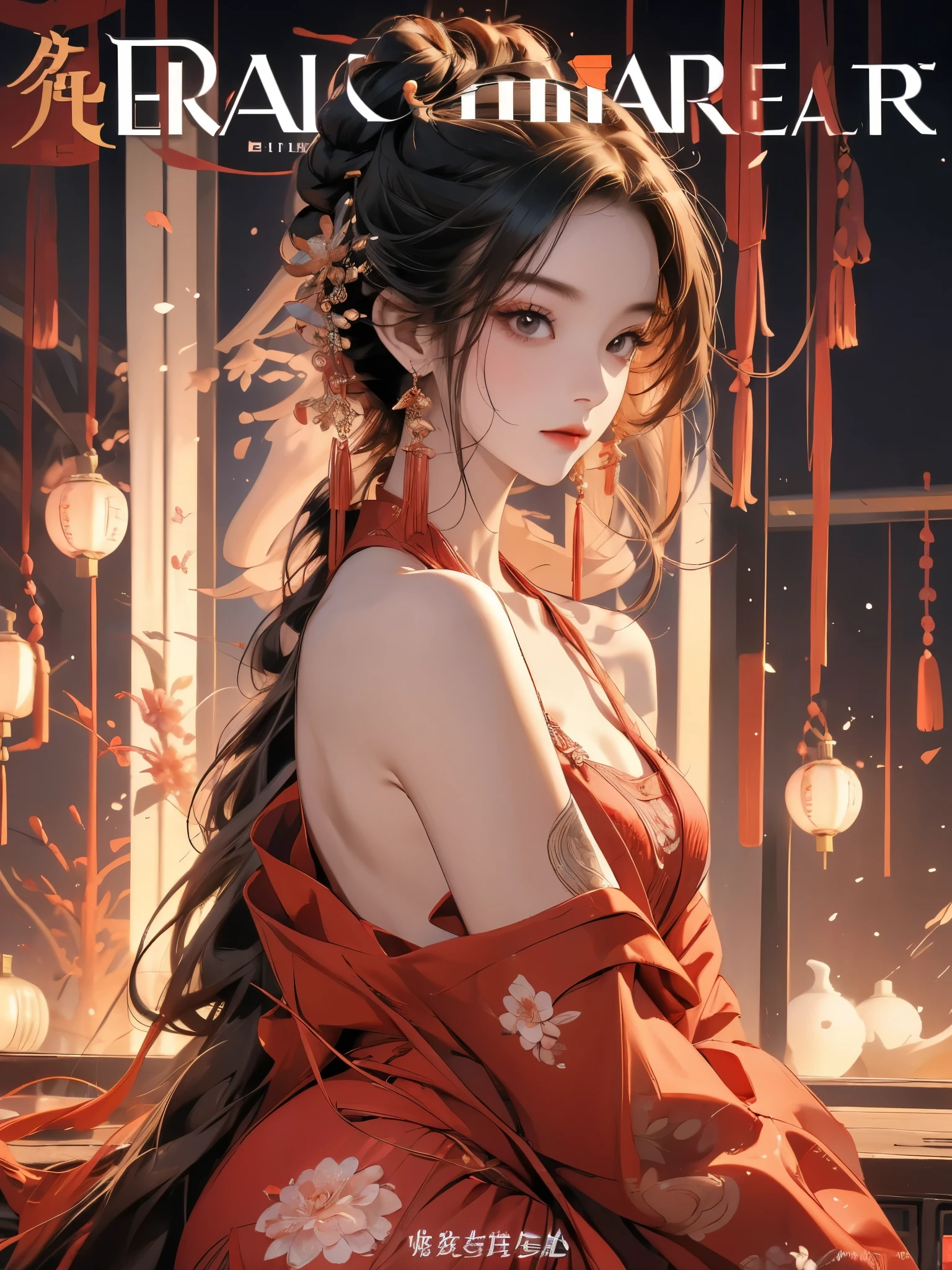 (magazine cover), (illustration), Gentle and lovely Chinese beauty, Exquisite and sexy clavicle, Charming goose egg face, Double eyelids, Bright peach blossom eyes, Pink lips, Small upturned nose, Bare shoulders, Plump buttocks, Nice long legs, focused face, Close-up of face, Ultra high quality, Super Detail, Full body image, Ultra-thin and light-transmitting, Optimal ratio: four fingers and a thumb, Hanfu, Red Top, Expose one shoulder, Ethnic style, Octane Rendering, (Magazine:1.4), (Cover Style:1.35)