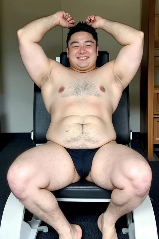 ((highest quality)), ((masterpiece)), (detailed), Perfect Face、Shaved head、Young Japanese、Muscular、Fat body、Big guy、smile、white small swimsuit、Emphasize the chest、Thick legs、Thick arms、Thick neck、naked、have power、Emphasis on large genitals、Sitting and spreading your crotch、At the gym、2By people、Raising his arms