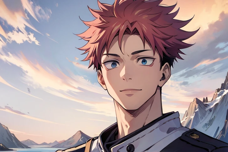 1 homem, sorrindo, itadori Yuji, Jujutsu Kaisen, corpo musculoso e definido,   Uniforme da escola Jujutsu azul escuro com capuz vermelho, cabelo rosa, cabelo curto, olhos amendoados,  estilo anime,  cinematic and vivid landscape, ice mountains. 


