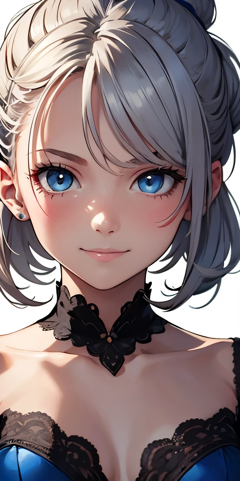 A beautiful, detailed portrait of a young platinum-haired girl, her hair tied back in a high ponytail or ballerina bun, no bangs, no hair over forehead,looking directly at the viewer with cerulean blue eyes and an innocent, charming smile, front view, close up