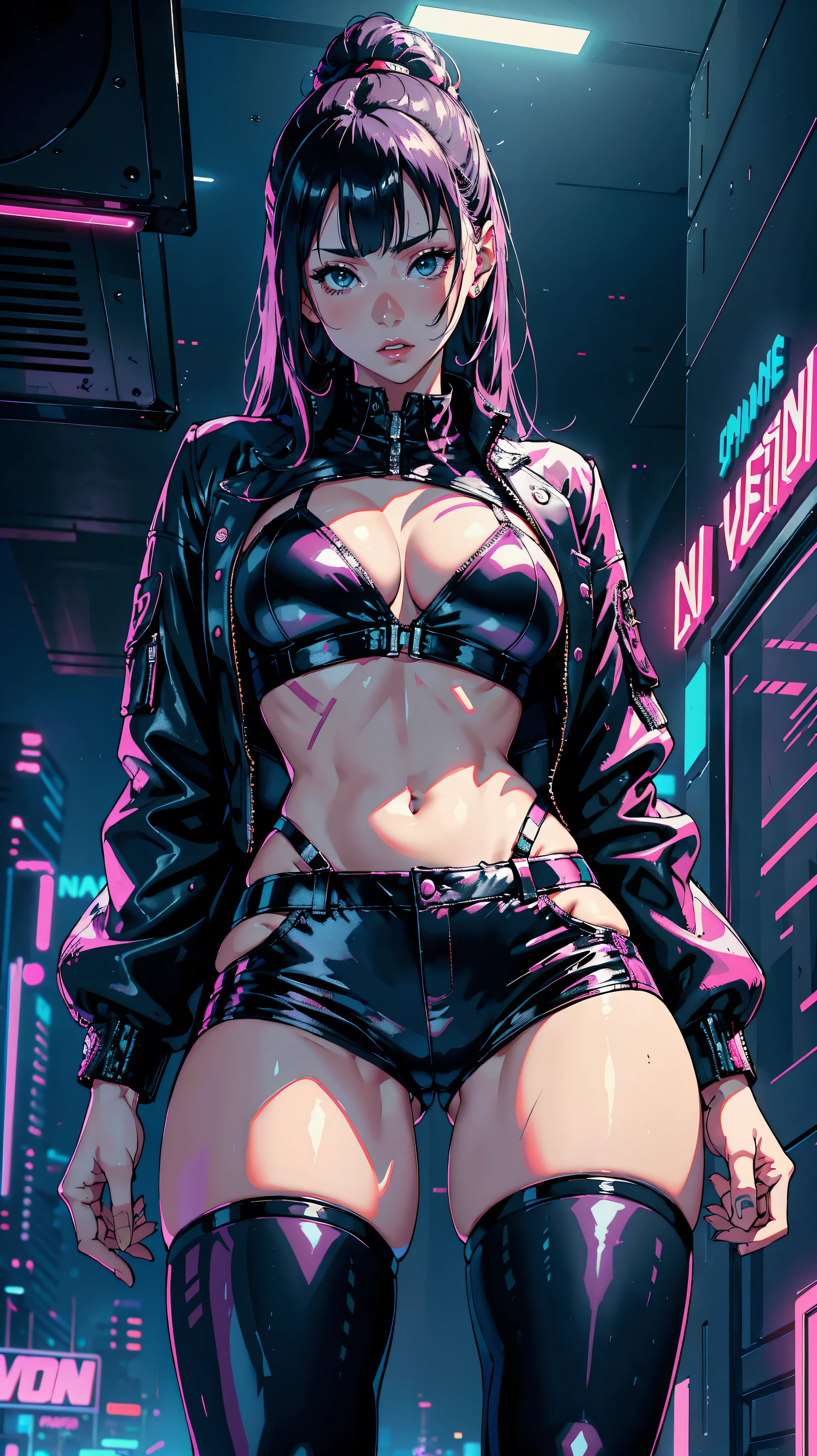 (Hinata Hyuga, Very sensual, In tight clothes, Big Ass, Thick legs, leather jacket, Laser Shorts,lingerie, Navel comes out, Long Hair, Rear speakers, Very realistic, View of the Cyberpunk City, Clearly defined lines, Neon Lights Very Sexy, 8k, 8k Very detailed), (Very delicate and beautiful), (masterpiece), (Better Quality: 1.0), (Ultra-high resolution:1.0), ((Synthwave Background Theme))