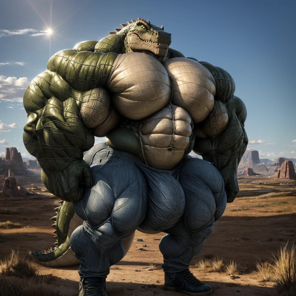 ,,solo,unreal engine,perfect light，detailed, photorealistic, 4k, hd,  good anatomy, high quality, best quality, concept art, photorealistic, standing，(very hyper muscles:1.4)(hyper pecs:1.2)（Huge bulge：1.4）（long thick thighs:1.3）jeans，clothing， Crocodile，grassland，High-rise，