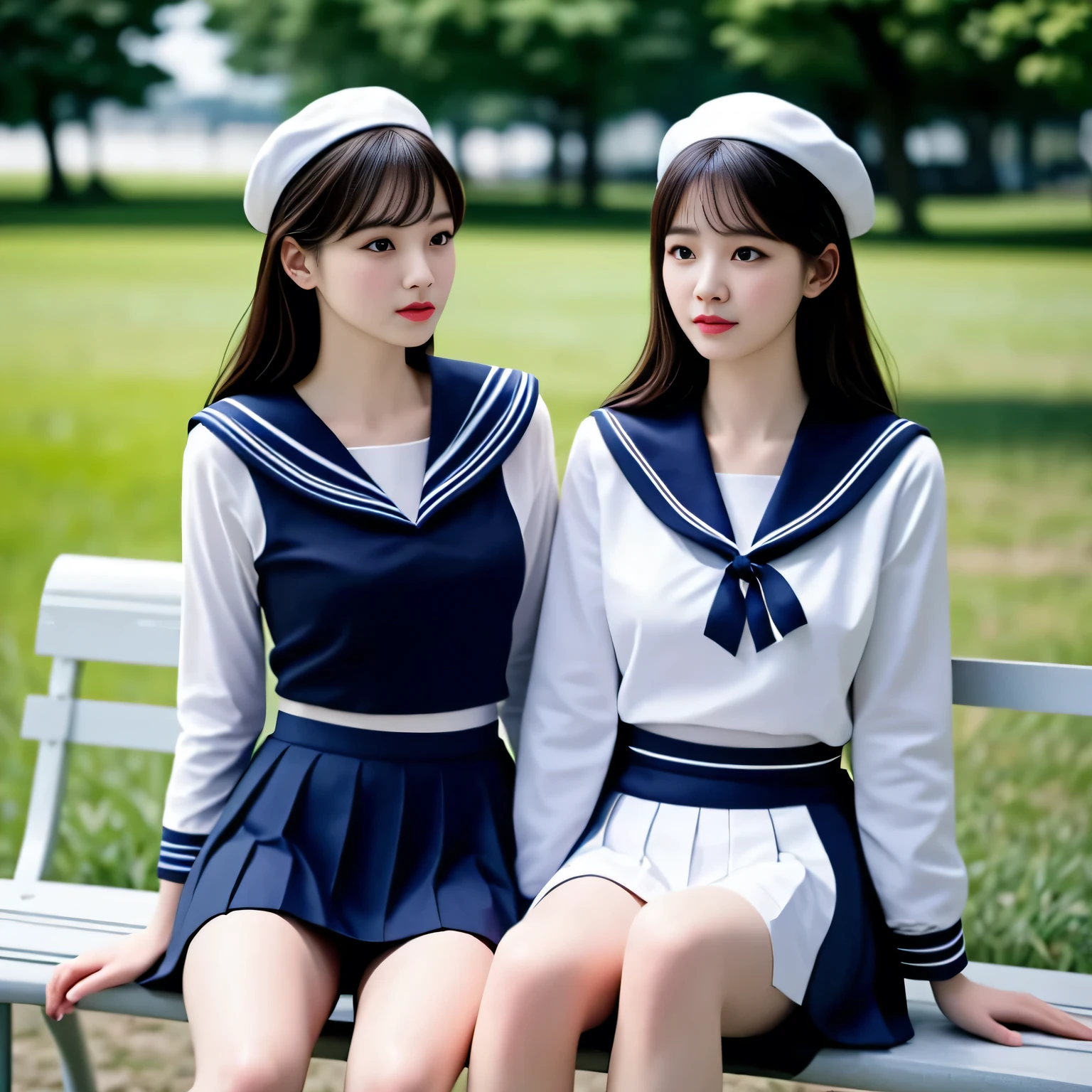 Two adult women, (White sailor suit and navy blue skirt:1.4), sitting on a park bench, daylight, photo, photorealistic, photorealism