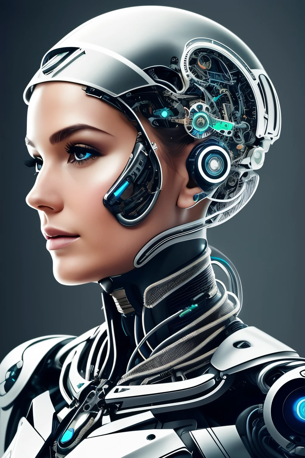 Create an image of a woman's face, viewed in profile, with futuristic details integrated into her head to give the impression that she is a cyborg. The design should blend organic and mechanical elements seamlessly, highlighting metallic textures, circuits, and other cybernetic features. Ensure the overall appearance remains aesthetically appealing and modern