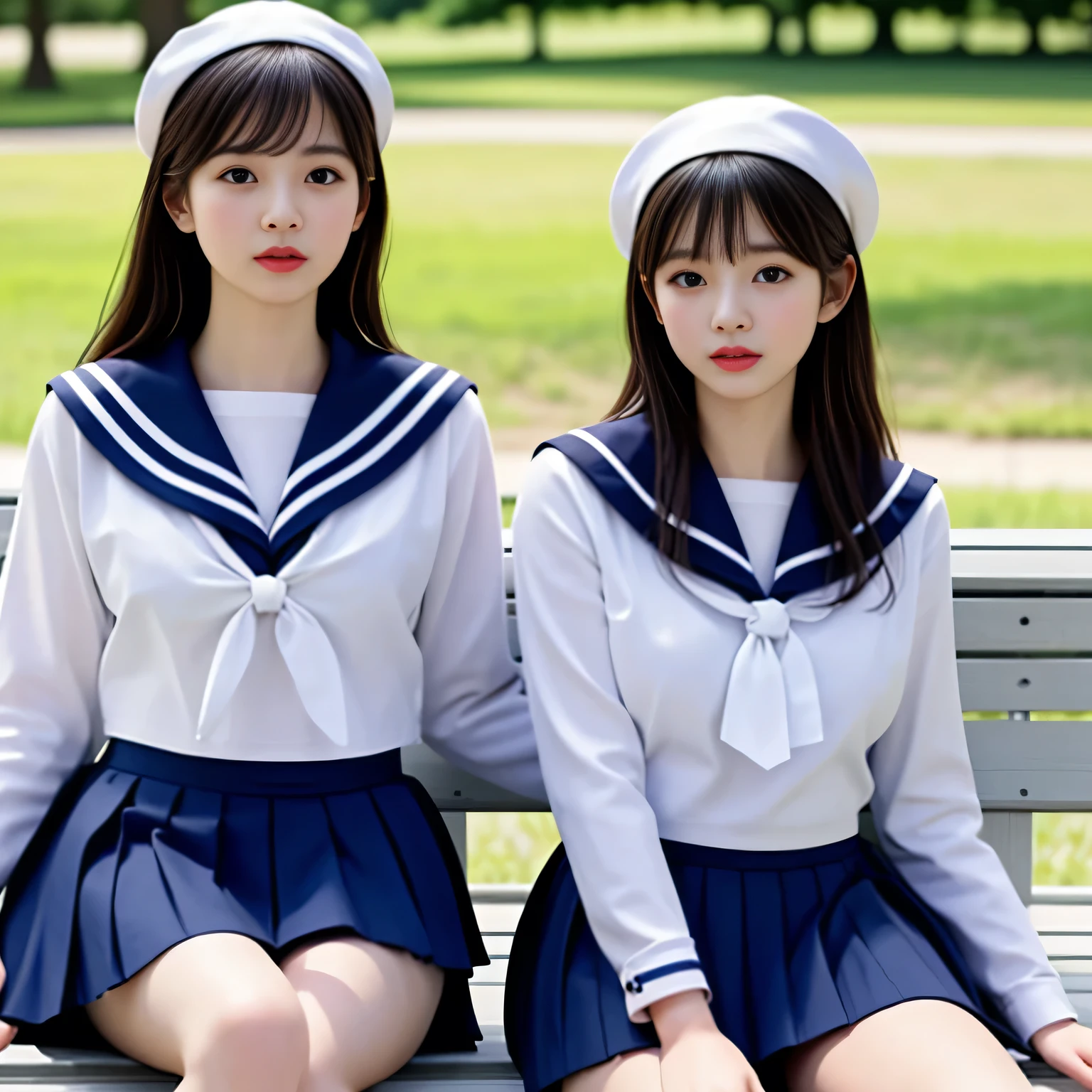 Two adult women, (White sailor suit and navy blue skirt:1.4), sitting on a park bench, daylight, photo, photorealistic, photorealism
