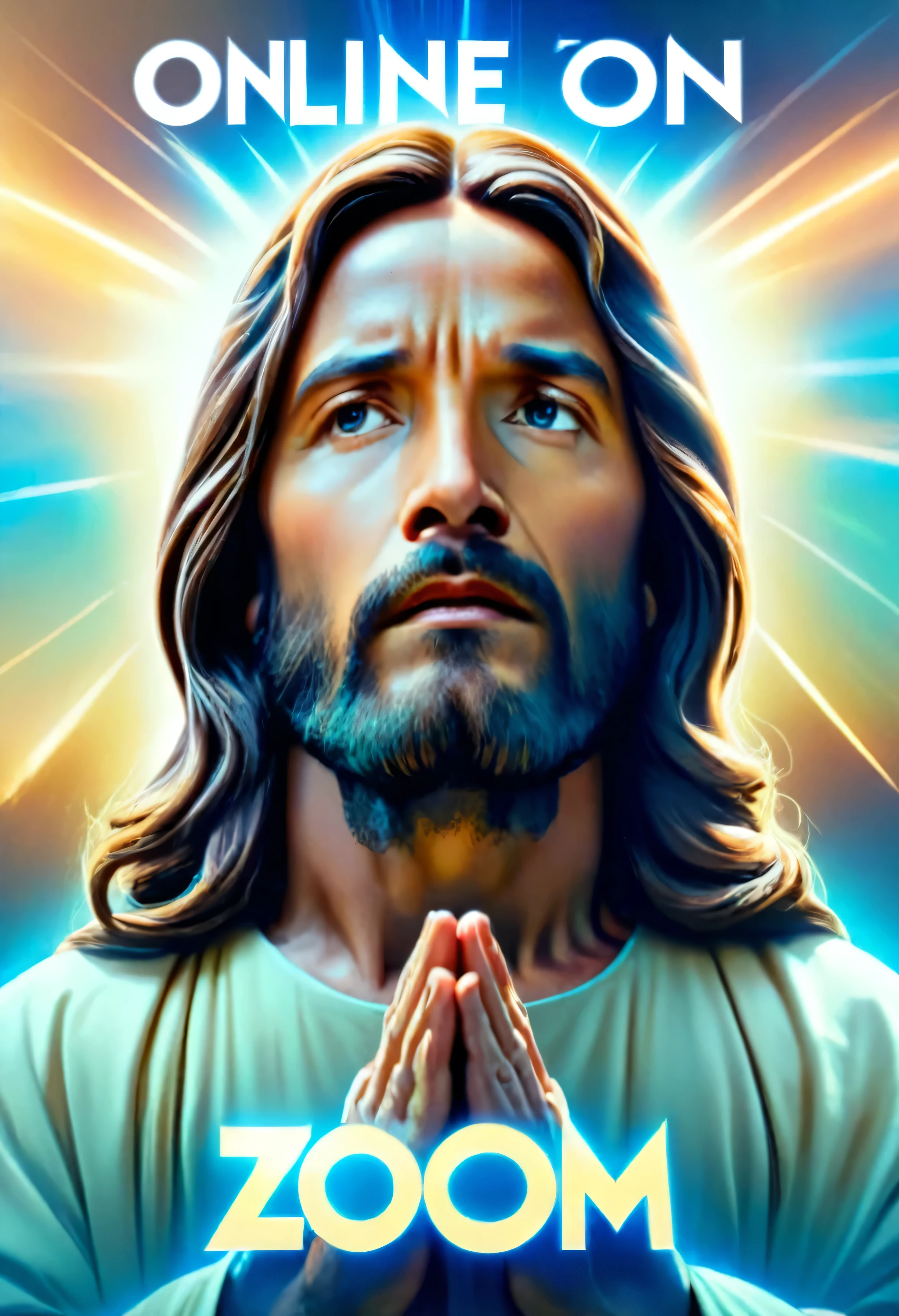 Movie Poster with title saying "Online on zoom " - a film poster of Jesus Praying