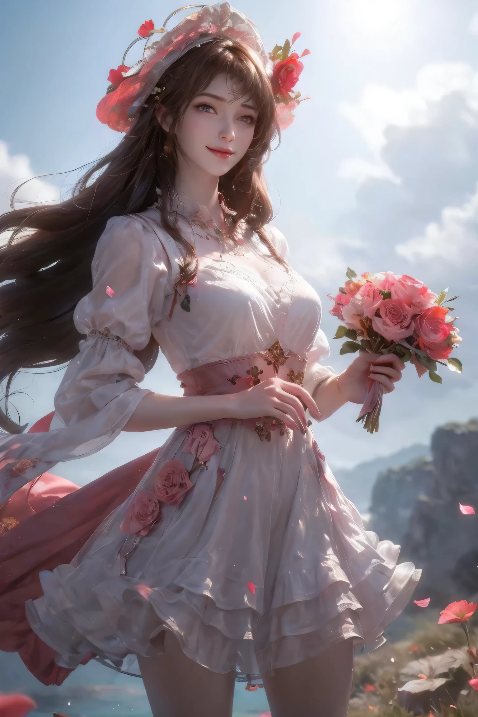 ((masterpiece, best quality)), 1girl, flower, solo, dress, holding, sky, cloud, hat, outdoors, bangs, bouquet, rose, expressionless, blush, brown hair, flower field, red flower, pink eyes, white dress, looking at viewer, midium hair, holding flower, small breasts, red rose, holding bouquet, sun hat, white headwear, depth of field