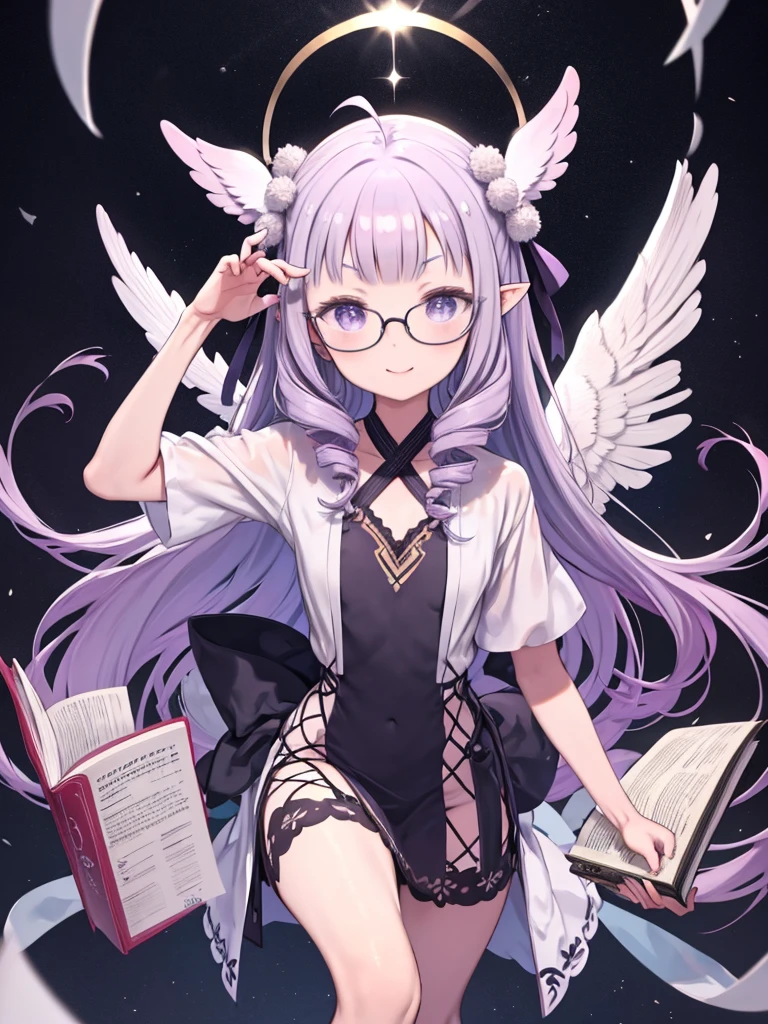 masterpiece、highest quality、High resolution、Very detailed、Girl、Light purple hair、Drill Hair、Big curly hair、Antenna-like bangs、Pointed Ears、Large hair accessories、Oval Glasses、Purple Eyes、Small eyebrows、clavicle、Clothes that fit the body、魔法Girl、White and lilac clothing、thigh、Having a big book、Angel wings growing、Smiling、Forehead、amount、