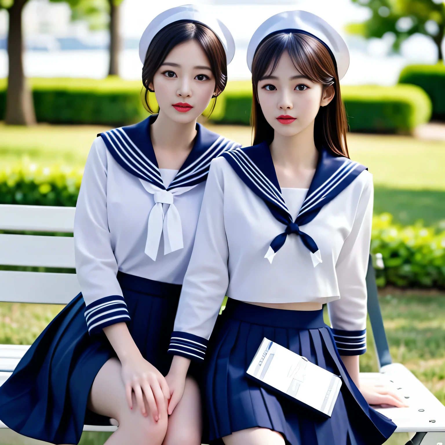 Two adult women, (White sailor suit and navy blue skirt:1.4), sitting on a park bench, daylight, photo, photorealistic, photorealism