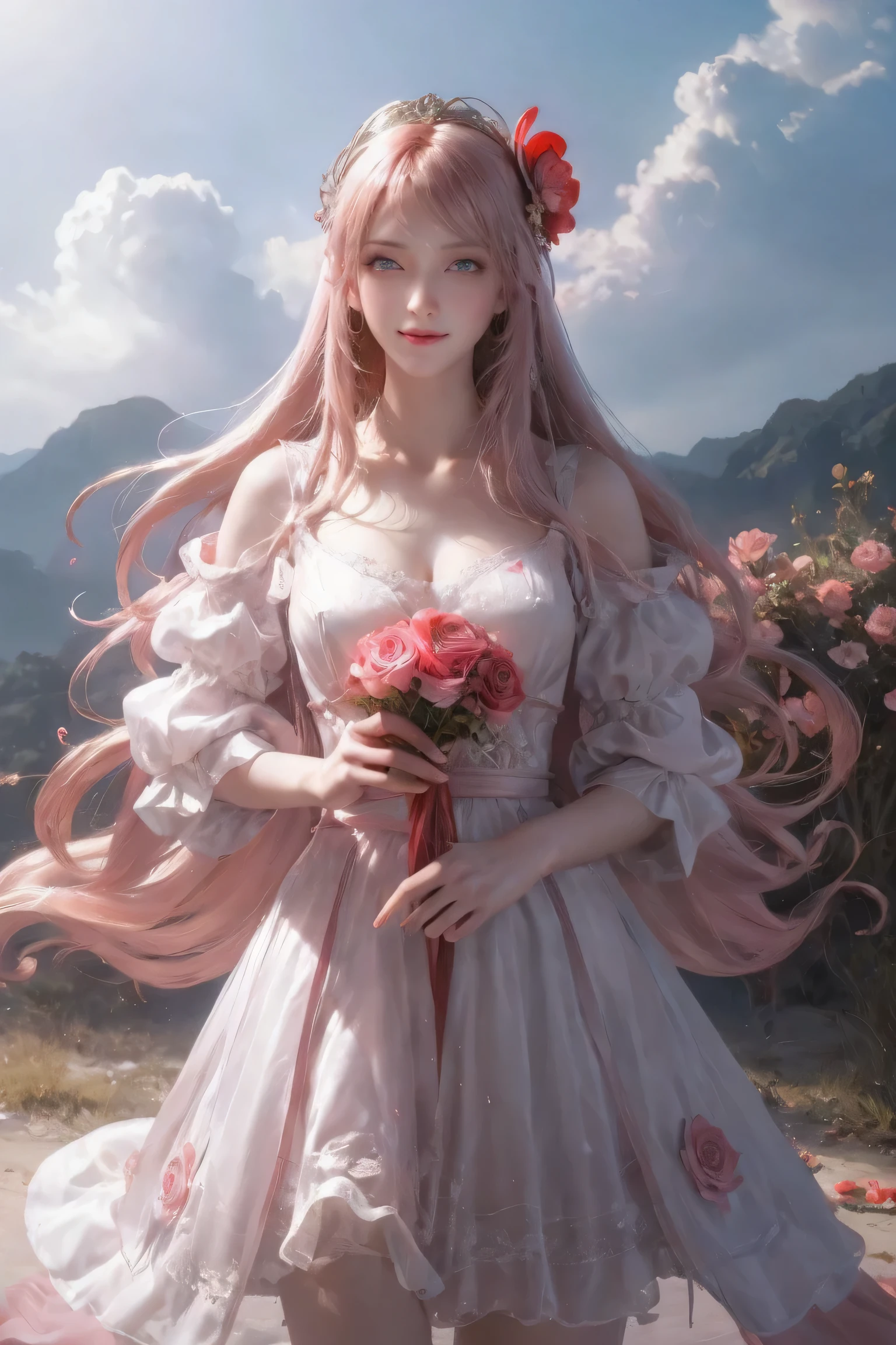 ((masterpiece, best quality)), 1girl, flower, solo, dress, holding, sky, cloud, hat, outdoors, bangs, bouquet, rose, expressionless, blush, pink hair, flower field, red flower, pink eyes, white dress, looking at viewer, midium hair, holding flower, small breasts, red rose, holding bouquet, sun hat, white headwear, depth of field