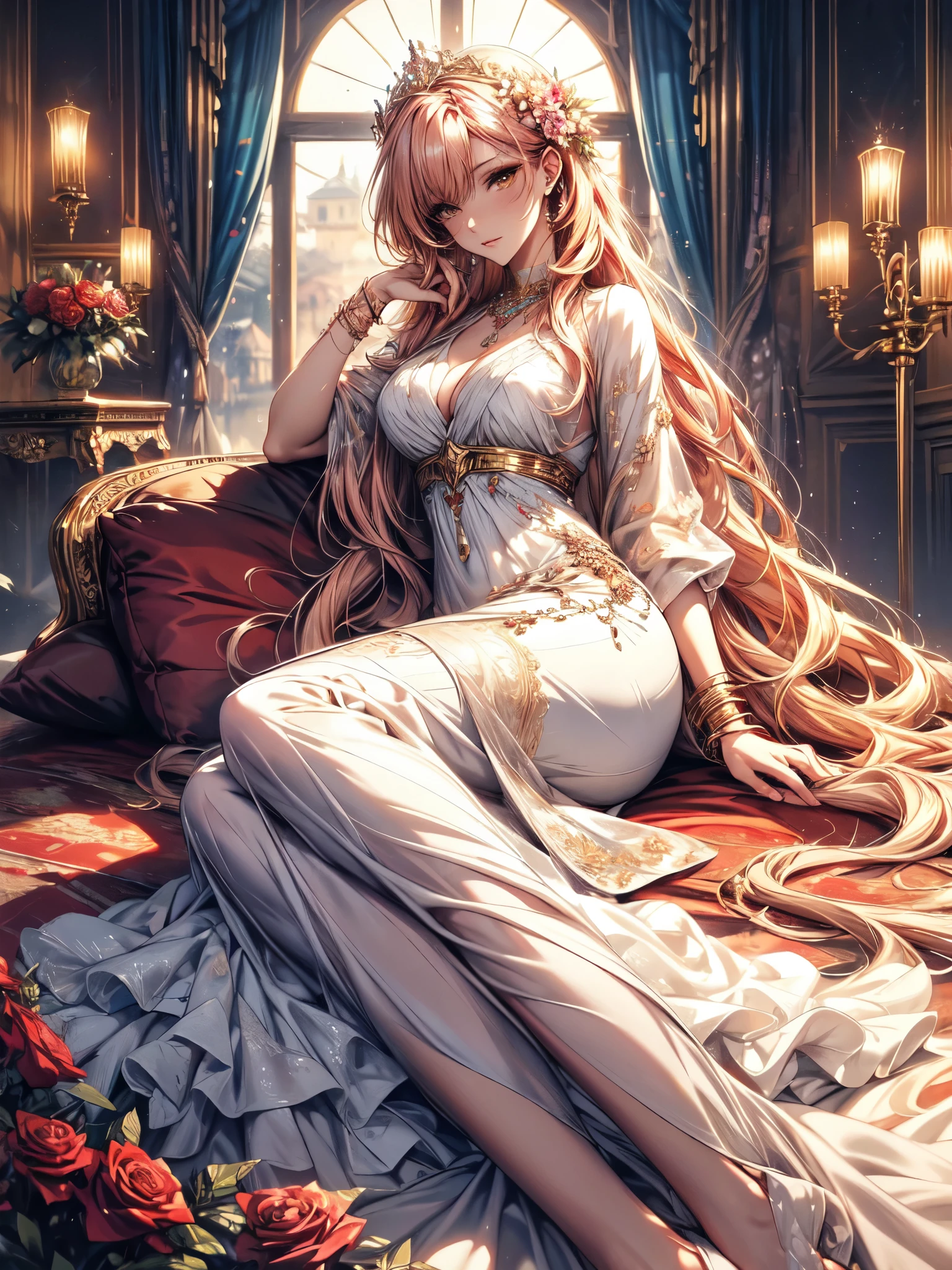 8k, (masterpiece, absurd quality, best quality, official art, beautiful and aesthetic:1.2), professional, vivid color, soft lighting, Octane Render, beautiful really long golden pink haired woman, curtain fringe, yellow eyes, lying on a flower bed, ((lying down)), looking at the sky, best quality, beautiful flowy opaque white dress, goddess, feminine pose, full background, ((silk)), (flowers, roses), indepth background, faroff view, gold, glow, iridescent dress, jewels, window, blue sky, cloud, castle, full body