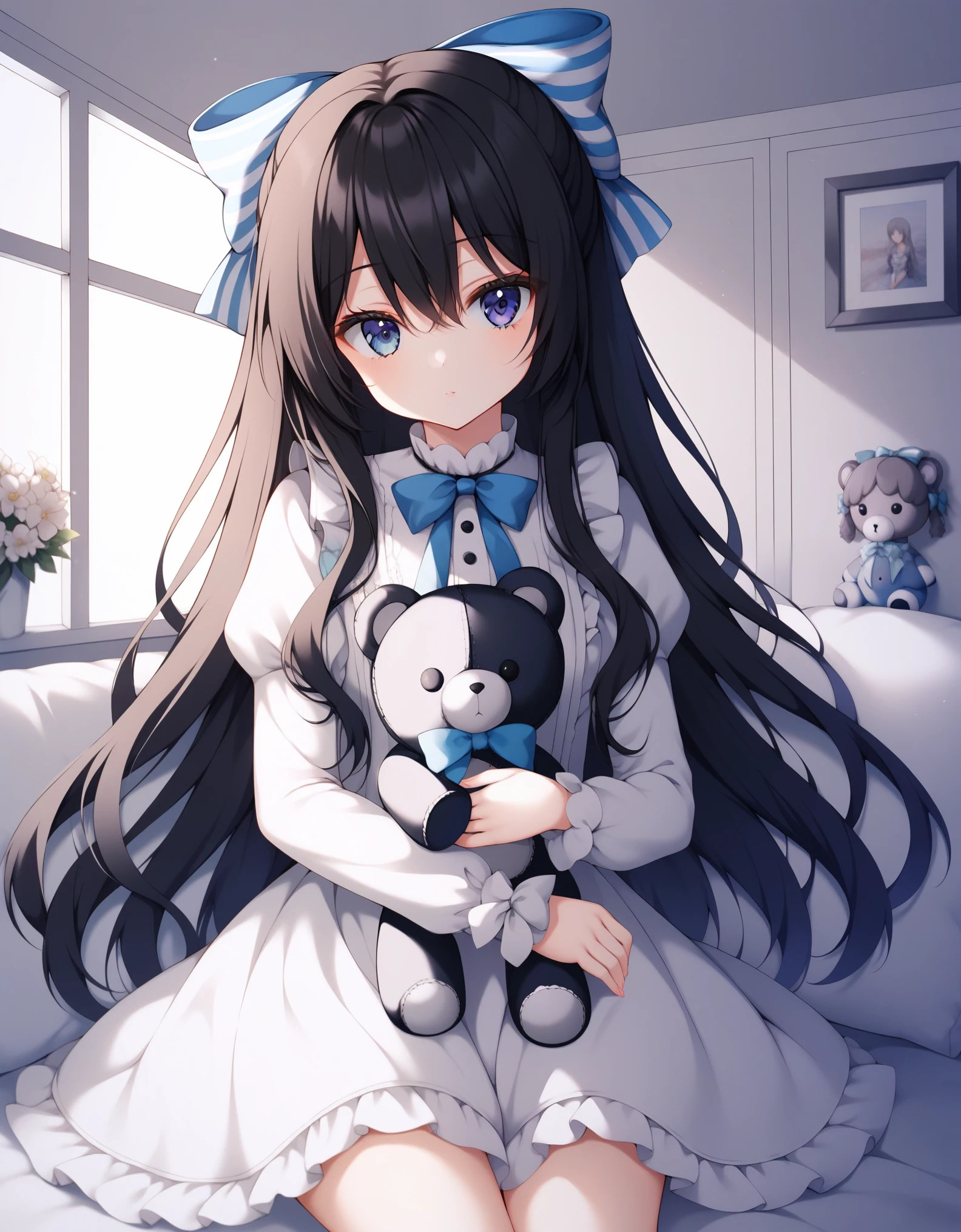 Alone, 1 girl, psgmeia, Expressionless, looking at viewer, holding doll, plush toy, hair bow, dress, long sleeves, juliet sleeves, striped thighs, Indoors