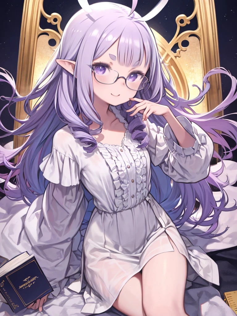 masterpiece、highest quality、High resolution、Very detailed、Girl、Angel、Light purple hair、Drill Hair、Big curly hair、Antenna-like bangs、Pointed Ears、Large hair accessories、Oval Glasses、Purple Eyes、Small eyebrows、clavicle、Clothes that fit the body、魔法Girl、White and lilac clothing、thigh、Having a big book、Angelの羽が生えている、Smiling、Forehead、amount、