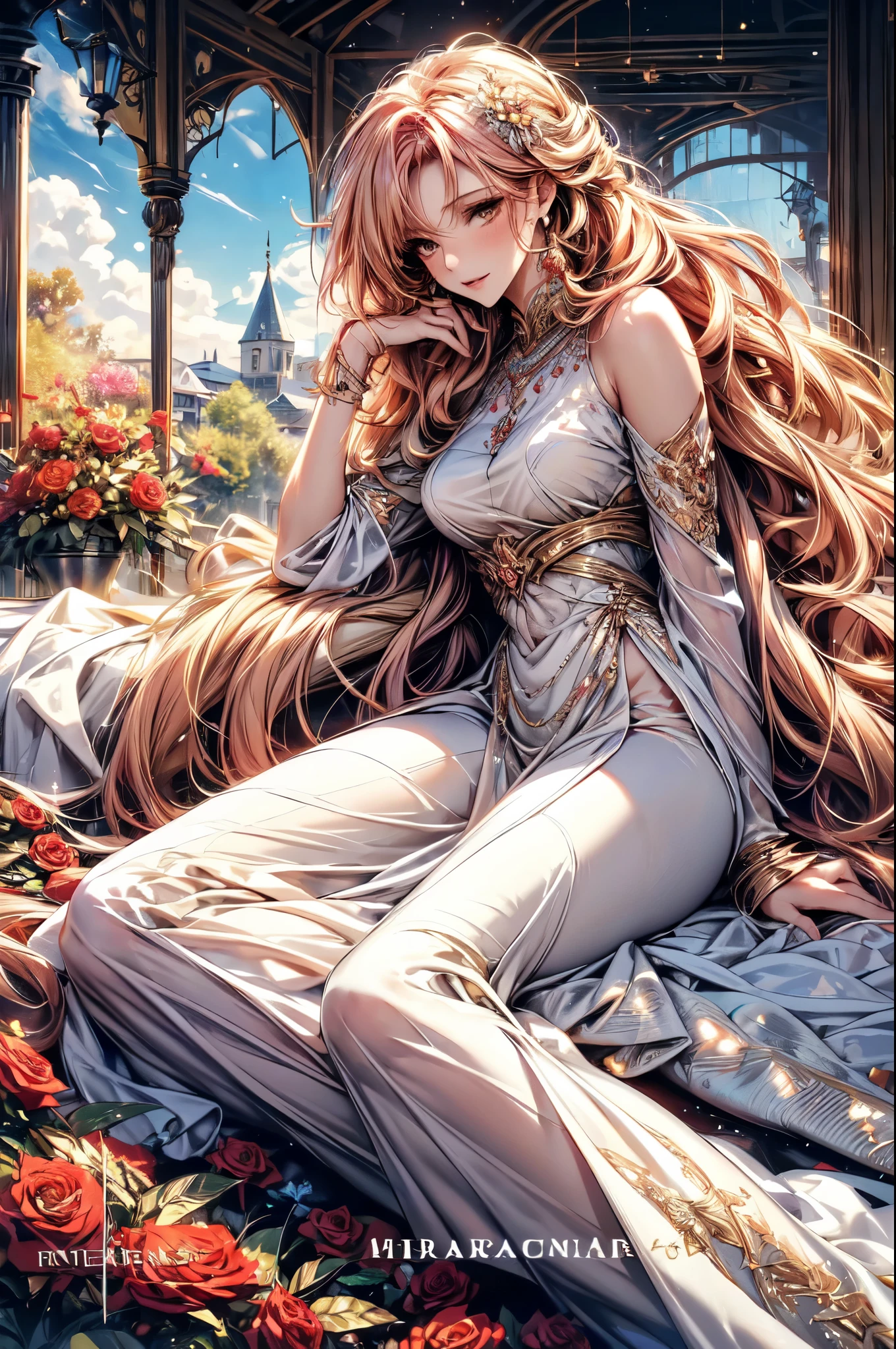 8k, (masterpiece, absurd quality, best quality, official art, beautiful and aesthetic:1.2), professional, vivid color, soft lighting, Octane Render, beautiful really long golden pink haired woman, curtain fringe, yellow eyes, lying on a flower bed, ((lying down)), looking at the sky, best quality, beautiful flowy opaque white dress, goddess, feminine pose, full background, ((silk)), (flowers, roses), indepth background, faroff view, gold, glow, iridescent dress, jewels, window, blue sky, cloud, castle, full body, (magazine:1.35), (cover-style:1.3)
