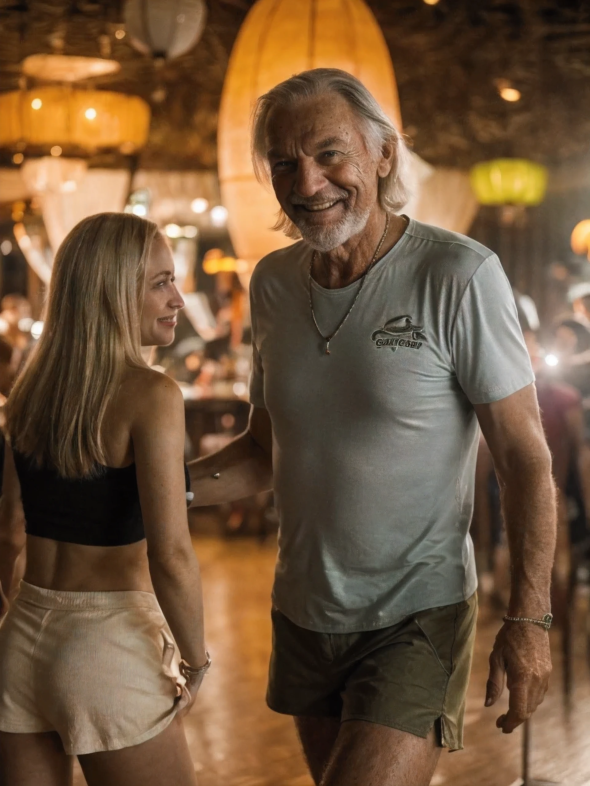 perky grandfather with a short beard ,slight stubble and long gray hair(туристический-resort style, grandfather 60-70 years old ,Crocodile Dundee style) ,wearing a bright Hawaiian shirt and khaki shorts, dancing fervently with a young tanned girl (teenager, long blond hair tight top, Short skirt, developing shaggy hair, looks at grandfather and smiles) atmosphere of the club(dance at night, bar club, dance floor, resort style, light haze, diffused light and other visitors),8k rendering,photorealism realism, 