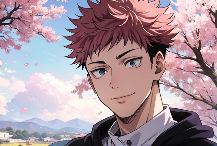 1 homem, sorrindo, itadori Yuji, Jujutsu Kaisen, corpo musculoso e definido, capuz vermelho, cabelo rosa, cabelo curto, olhos amendoados,  estilo anime,  cinematic and vivid landscape. 
