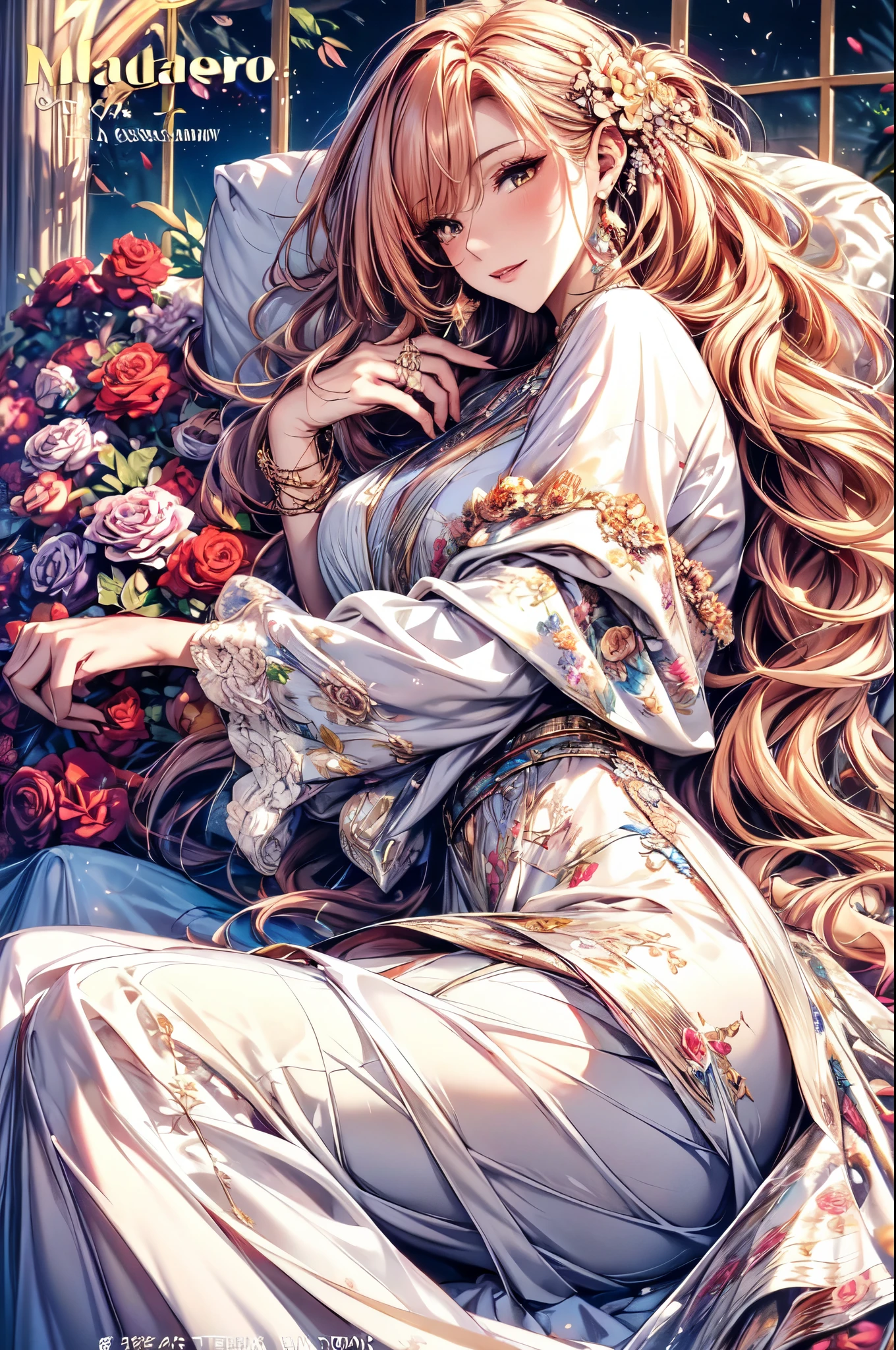 8k, (masterpiece, absurd quality, best quality, official art, beautiful and aesthetic:1.2), professional, vivid color, soft lighting, Octane Render, beautiful really long golden pink haired woman, curtain fringe, yellow eyes, lying on a flower bed, ((lying down)), looking at the sky, best quality, beautiful flowy opaque white dress, goddess, feminine pose, full background, ((silk)), (flowers, roses), indepth background, faroff view, gold, glow, iridescent dress, jewels, window, blue sky, cloud, castle, full body, (magazine:1.35), (cover-style:1.3)
