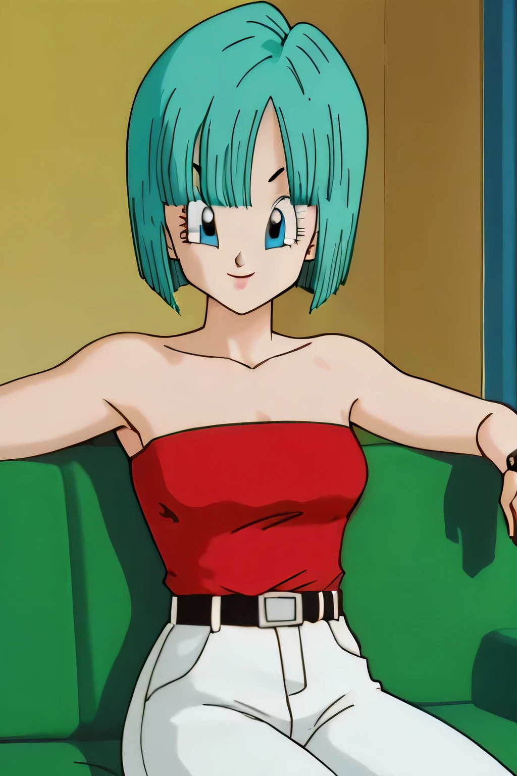 source_anime, score_9, score_8_up, score_7_up, anime screencap, bulma, short hair, aqua hair, bob cut, bangs, blue eyes, 1girl, solo, bare shoulders, strapless, belt, medium breast, red shirt, white pants, wristwatch, sitting on a couch, seductive smile
