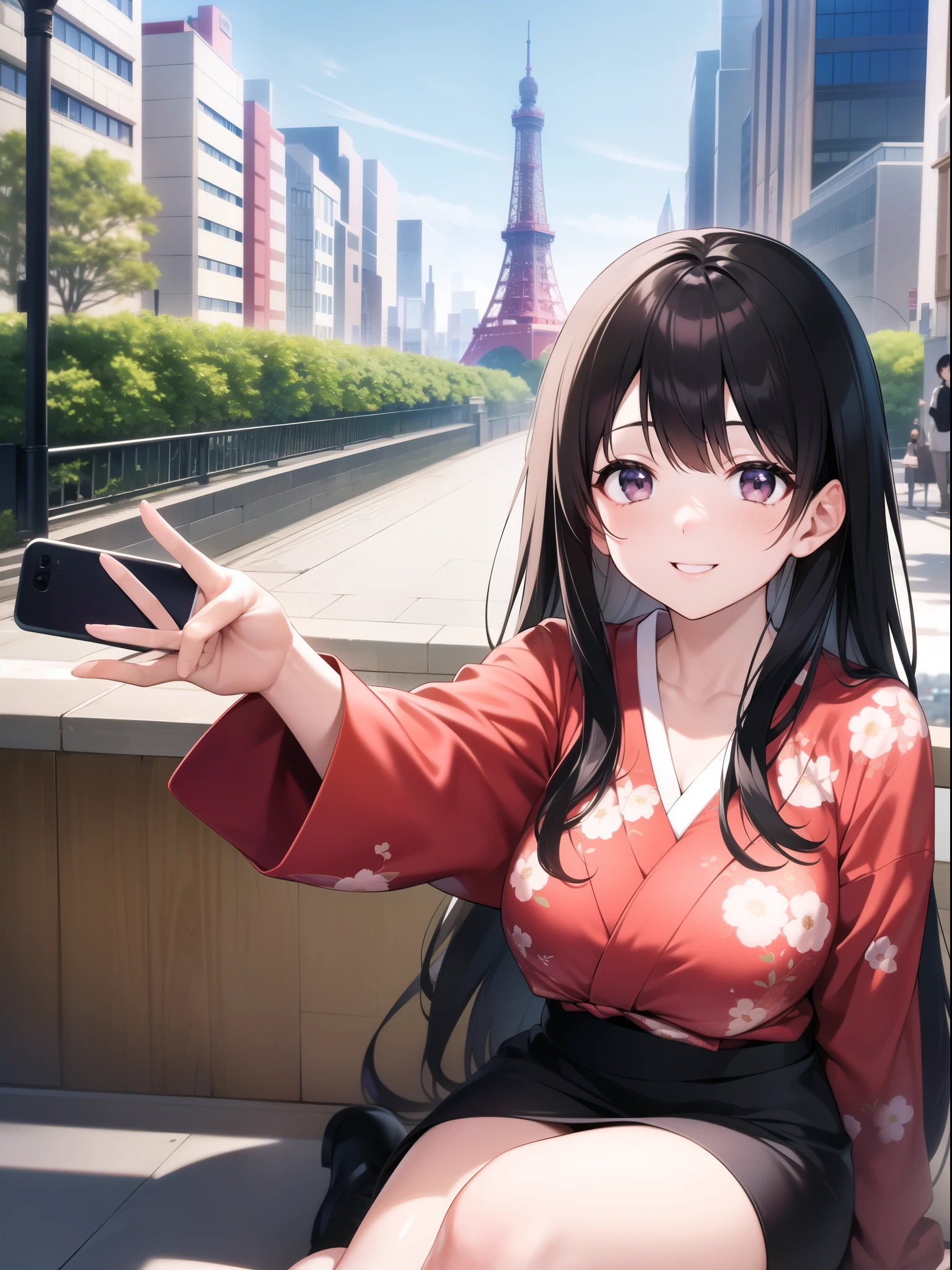 A Japanese woman taking a selfie in front of a large, red tower resembling the Tokyo Tower. She is making a peace sign with her hand and smiling. The woman has straight black hair and is wearing a stylish, floral-patterned blouse. The background includes a clear blue sky and modern city buildings.
