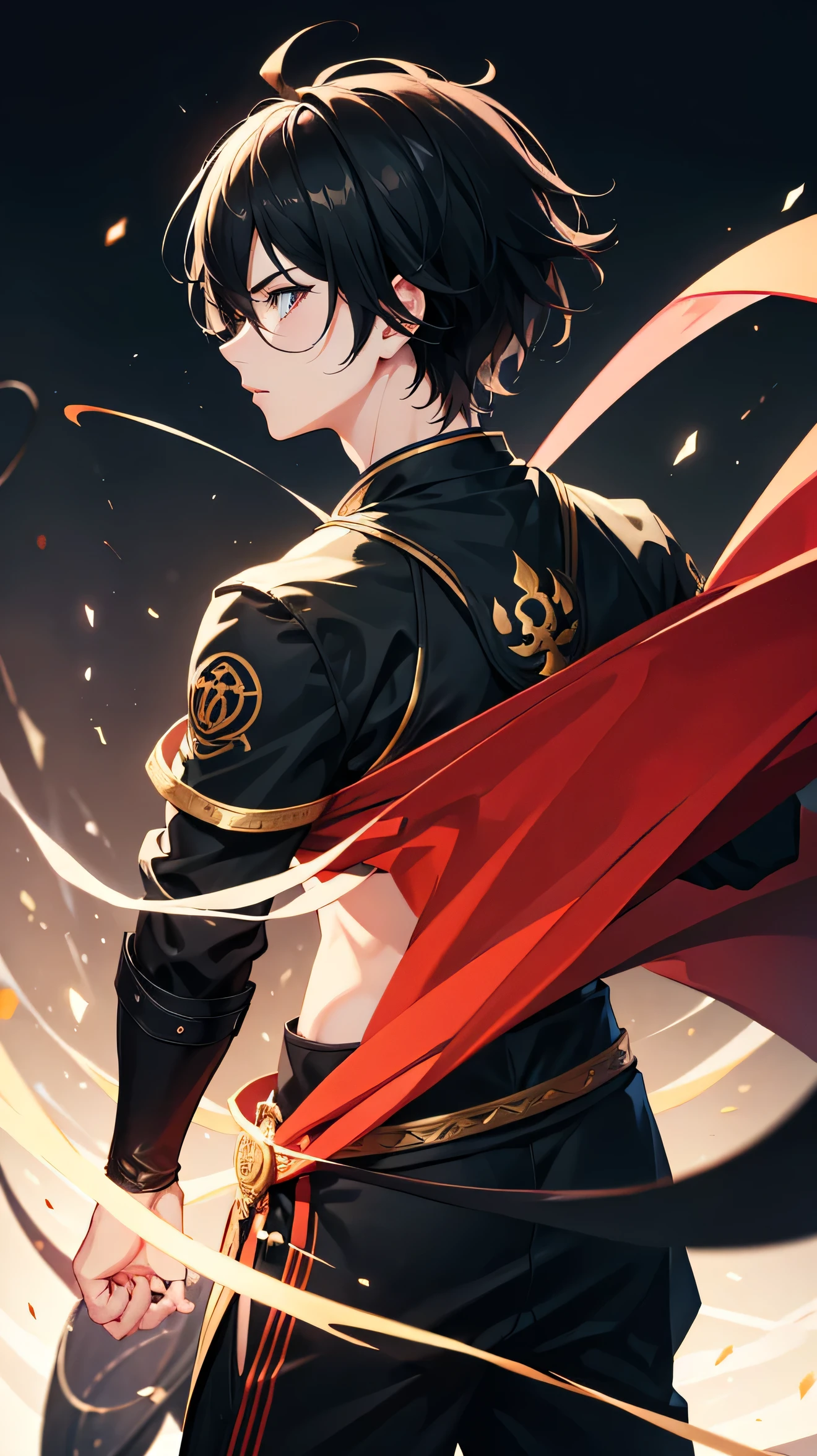 profile background, anime boy, black hair, eyes black, martial arts clothing, high-res portrait, vibrant colors, detailed eyes and face, character, fantasy, advanced urban, looking from behind at viewer, 4K, high resolution