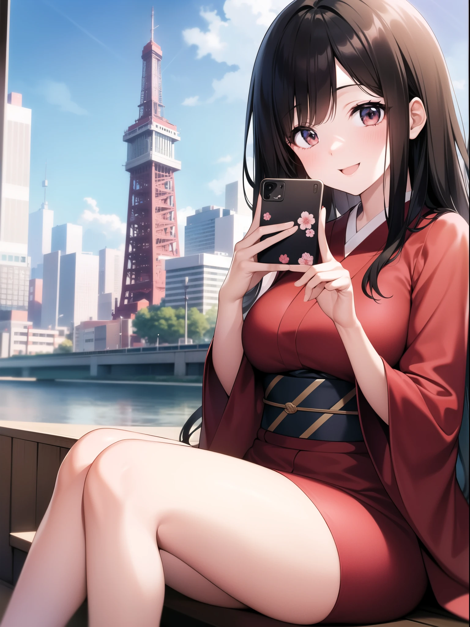 A Japanese woman taking a selfie in front of a large, red tower resembling the Tokyo Tower. She is making a peace sign with her hand and smiling. The woman has straight black hair and is wearing a stylish, floral-patterned blouse. The background includes a clear blue sky and modern city buildings.