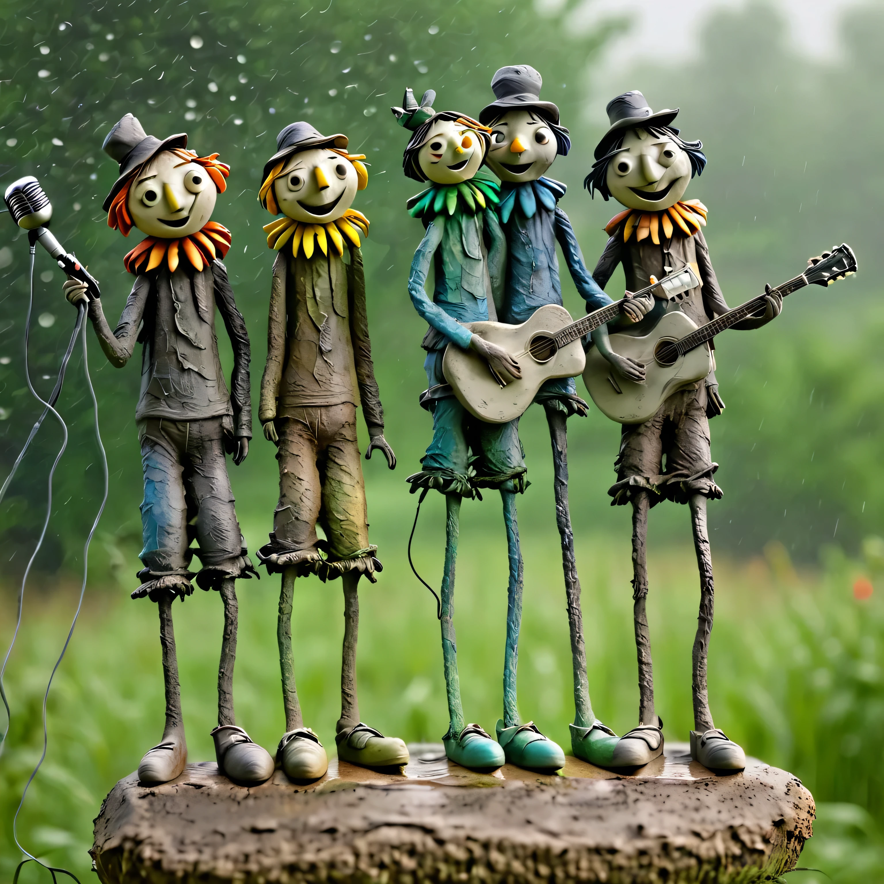 (best quality:1.2),ultra-light Clay, Clay, Pottery, distressed, dirty, mineral pigments, 3D Clay sculpture art, Clay sculpture, Rough surface, (artwork,A band of tall scarecrows singing in the fields。Holding the microphone,Guitar,Long legs,Interesting concept art,),Colorful butterflies in the air,Bokeh,Soft and beautiful picture,Rainy Day,dew