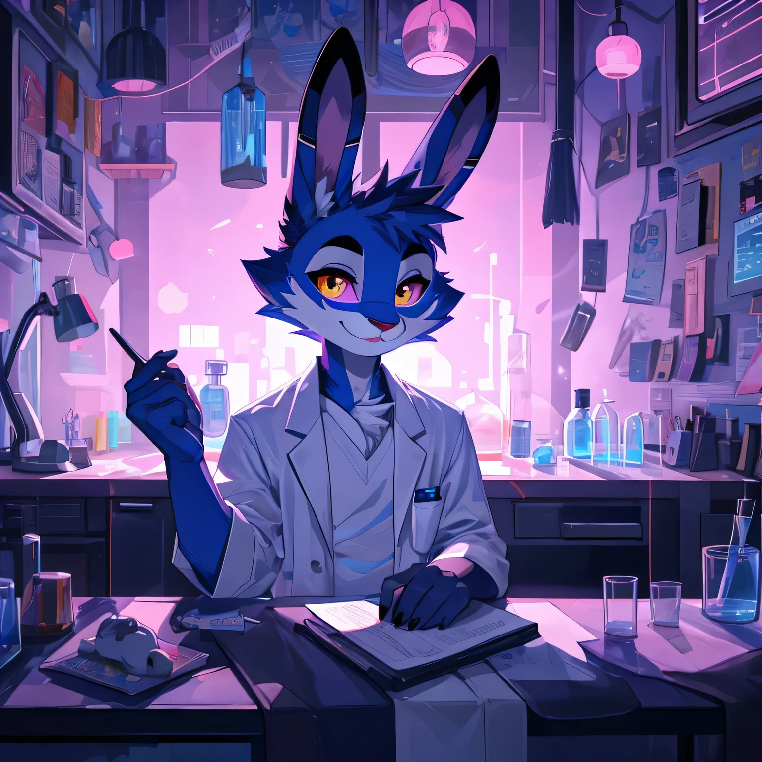 score_9, score_8_up, best quality, masterpiece, very detailed, high resolution, sharp, sharp image, detailed background, Rabbit, rabbit features, rabbit face, rabbit ears, rabbit full body, male, men, boy, smiling, dark blue fur, dark blue, lab coat, t-shirt under lab coat, vivziepop, vivziepop art style, vivziepop lineart, yellow iris, yellow sharp iris, yellow, purple sclera, purple, purple sharp iris, helluva_boss background, helluva_boss