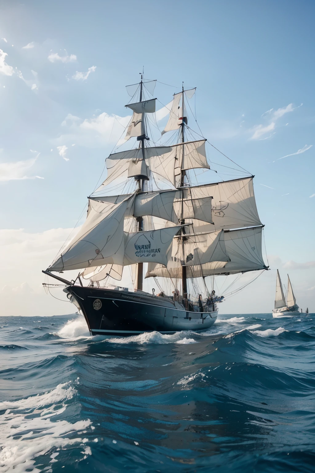 genera un gran velero surcando la mar, que se vean las velas, con muchas olas