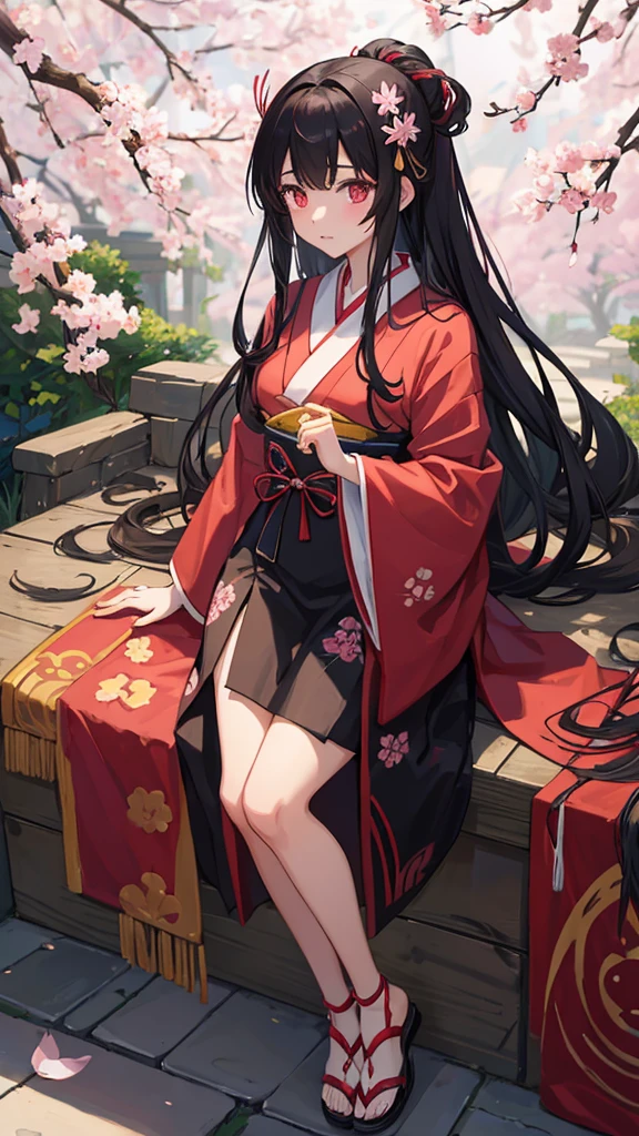 Nezuko Kamado, demon slayer 2.I want a precise picture with a lot of details of her wearing a japanese kimono with long hair, i want her to be all visible until her feet wearing bambou zori sandals, surrounded by beautiful sakura trees under a beautiful shining sun light in a small road