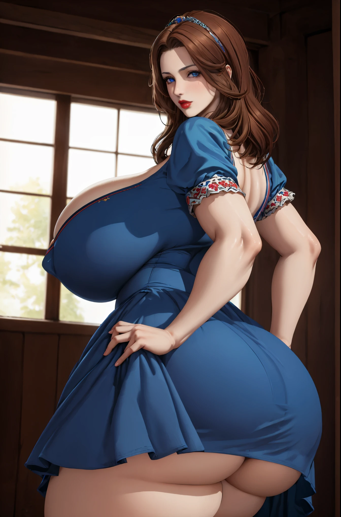 Masterpiece, best quality, high resolution, cowboy shot, brown hair , medium hair,blue eyes,red lipstick, mommy,((blue dress)), huge ass,huge breasts,