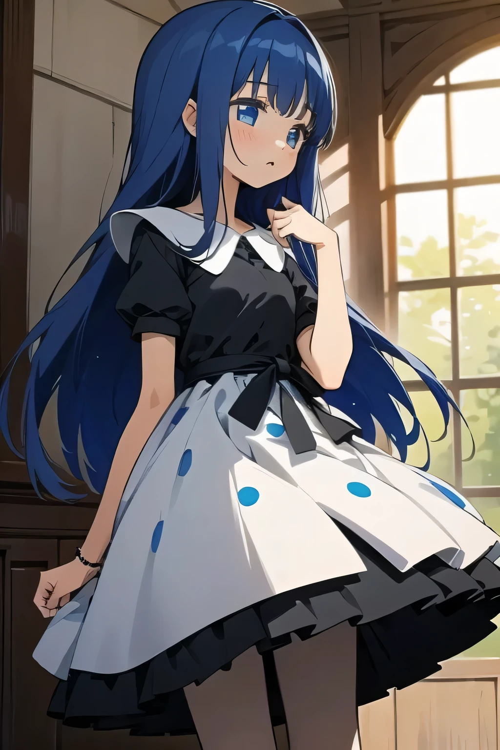 yachiyo nanami, blue hair, jewelry, long hair, dress, bracelet, polka dot, polka dot dress, blue eyes, pantyhose, black dress, black footwear, black ribbon,