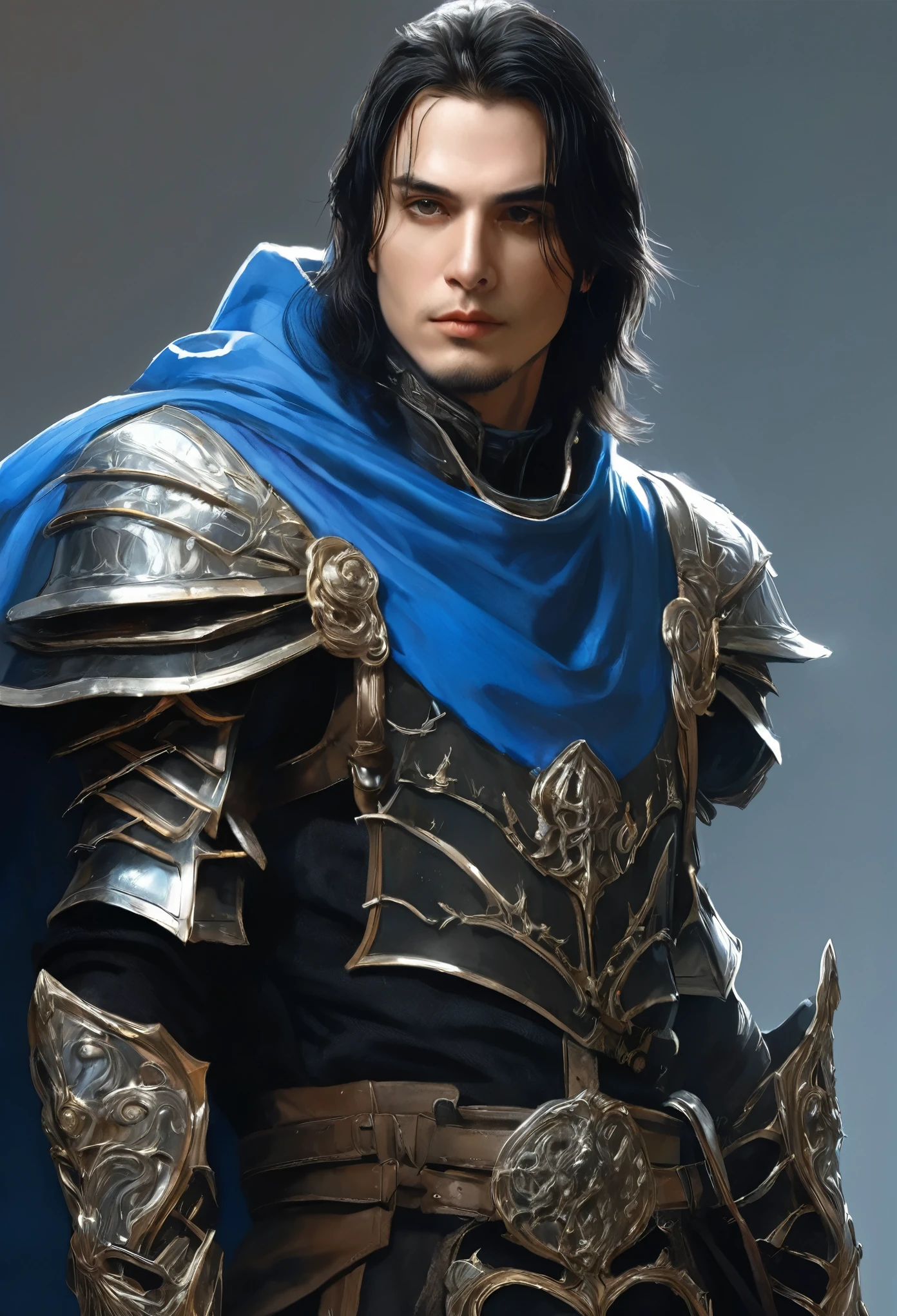 charming looking man, cabelos loiros e olhos azuis. He is wearing black metal armor and a blue cape hangs over his shoulders on the left side.. arte digital/art comic.
