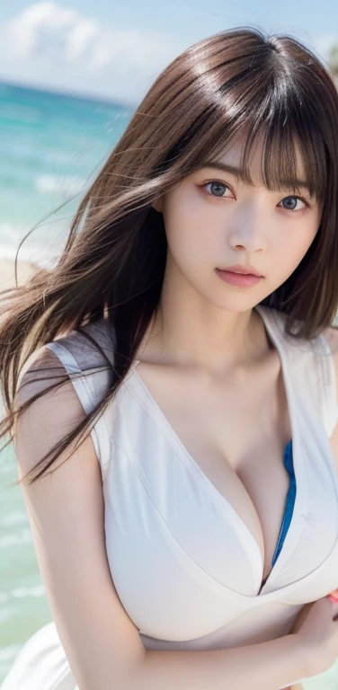 masterpiece, highest quality, 8k, 20th generation, Big Breasts, cute, alone, sad, cute, Girlish,cute 繊細な女の子, cute、Pure beauty, RAW Photos, Professional photography, Portraiture, Soft Light, Professional Lighting, Backlight, Upper Body, avert your eyes, Sophisticated, Film Grain, (Eye and facial details:1.0), Floating Hair, beautiful, Flowing hair, Asymmetrical bangs、(Big Breasts:1.4)、Pastel colored loose sleeveless top、You can see a little bit of her chest.、dolly make、Heterochromia iridis、Outdoor、Summer sky、Cumulonimbus、Sandy Beach、Ocean