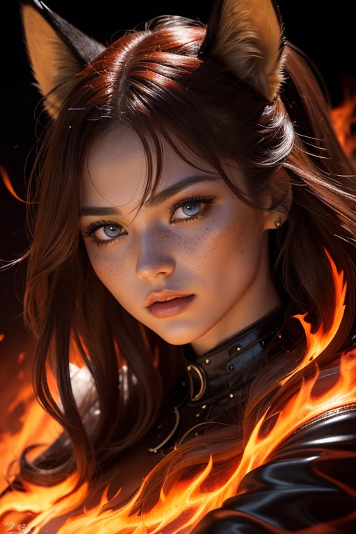 (((medium full shot))), (Masterpiece, photorealistic, photorealism, best quality, ultra-detailed:1.3), (nice hands, perfect hands), official art, cinematic light, (1girl:1.3), adult, magnificent fox formed of vibrant, swirling flames in hues of fiery orange and red, set against a velvety, dark backdrop. The fox exudes a sense of dynamic motion, its lithe body and mane crafted from mesmerizing, undulating lines of flame that convey a sense of power and vitality. The intricate details of the fox's facial features are meticulously captured, highlighting the intensity and intelligence in its fiery gaze. The overall composition combines strength and artistry, showcasing the essence of a fox embodied by flames, emphasizing the fluidity and energy of the blazing inferno. with a figure, nicely outlined calf muscles, red-burgundy pronounced lips, aroused, passion, simple background, dark brown hair ponytail, swept bangs, black leather mini skirt, long latex gloves, heart shape, freckles, realistic, beautiful blue eyes, up close, neon hearts lights dark, chiaroscuro, low-key
