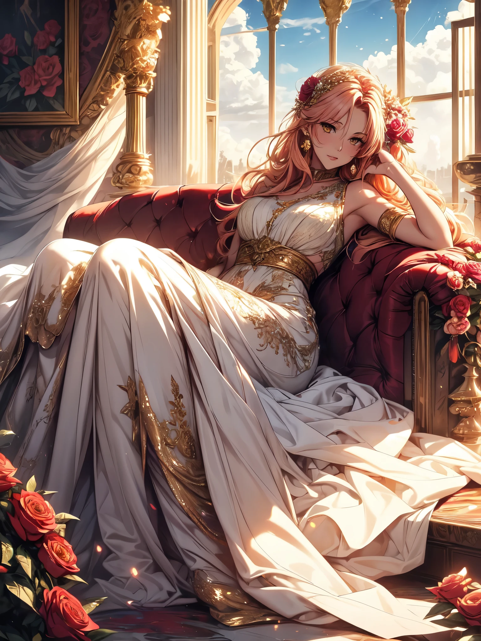 8k, (masterpiece, absurd quality, best quality, official art, beautiful and aesthetic:1.2), professional, vivid color, soft lighting, Octane Render, beautiful really long golden pink haired woman, curtain fringe, yellow eyes, lying on a flower bed, ((lying down)), looking at the sky, best quality, beautiful flowy opaque white dress, goddess, feminine pose, full background, ((silk)), (flowers, roses), indepth background, faroff view, gold, glow, iridescent dress, jewels, window, blue sky, cloud, castle, full body