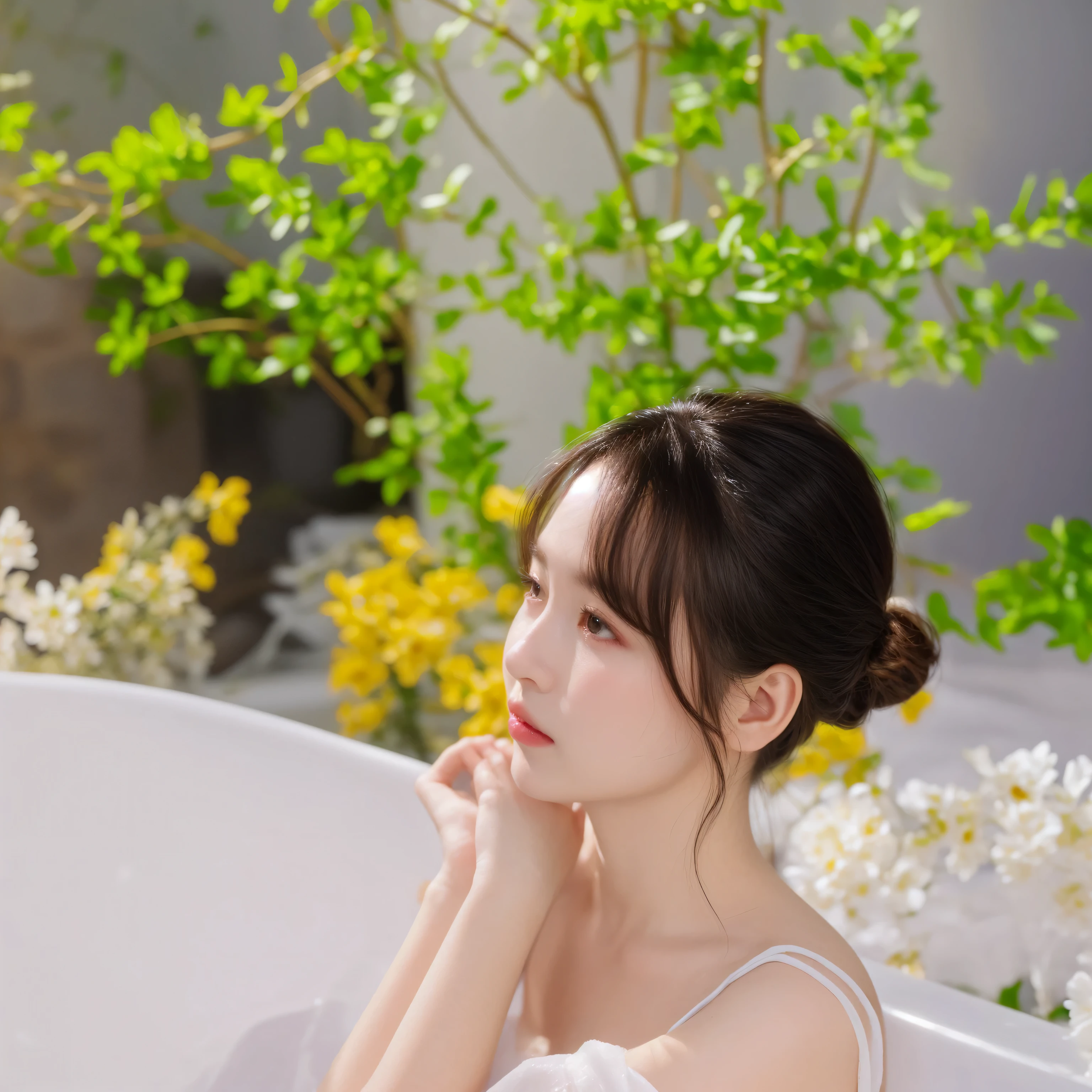 there is a woman sitting in a bathtub with flowers in the background, ethereal beauty, soft portrait shot 8 k, a beautiful woman in white, with flowers, soft light from the side, bathing in light, hot with shining sun, dreamy and ethereal, beautiful soft lighting, 🤬 🤮 💕 🎀, with ethereal light, soft morning lighting, esthetic photo, photoshoot