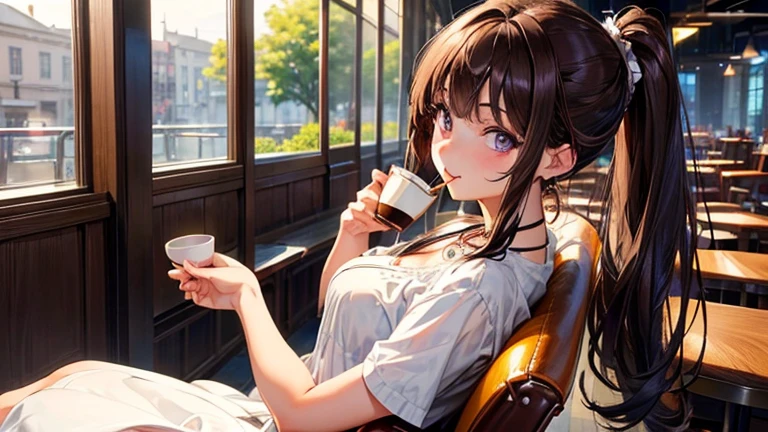 ((masterpiece)), ((best quality)), (ultra-detailed), ((kawaii)), cute, (lovely), ((extremely detailed)), 4K, (8K), best quality, (beautiful), anime style, face in profile, focus on the face, full body focus, cafe , ((drink a cup of coffee)), ((sitting on the chair in the cafe)), morning, a cute girl, 1girl, solo, one-piece dress, beautiful dark brown hair, beautiful purple eyes, ((beautiful eyes with highlights )), white-skinned, ponytail, transparent hair, translucent hair, large breast, earrings, necklace, light smile