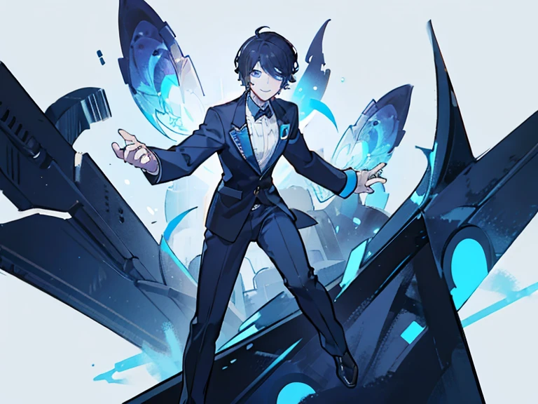 A young male, handsome, smiling, black short hair, blue eyes, wearing a black modern suit, full-body shot, bright and brave, smart, optimistic, fairy tale style, white background, individual,illustration