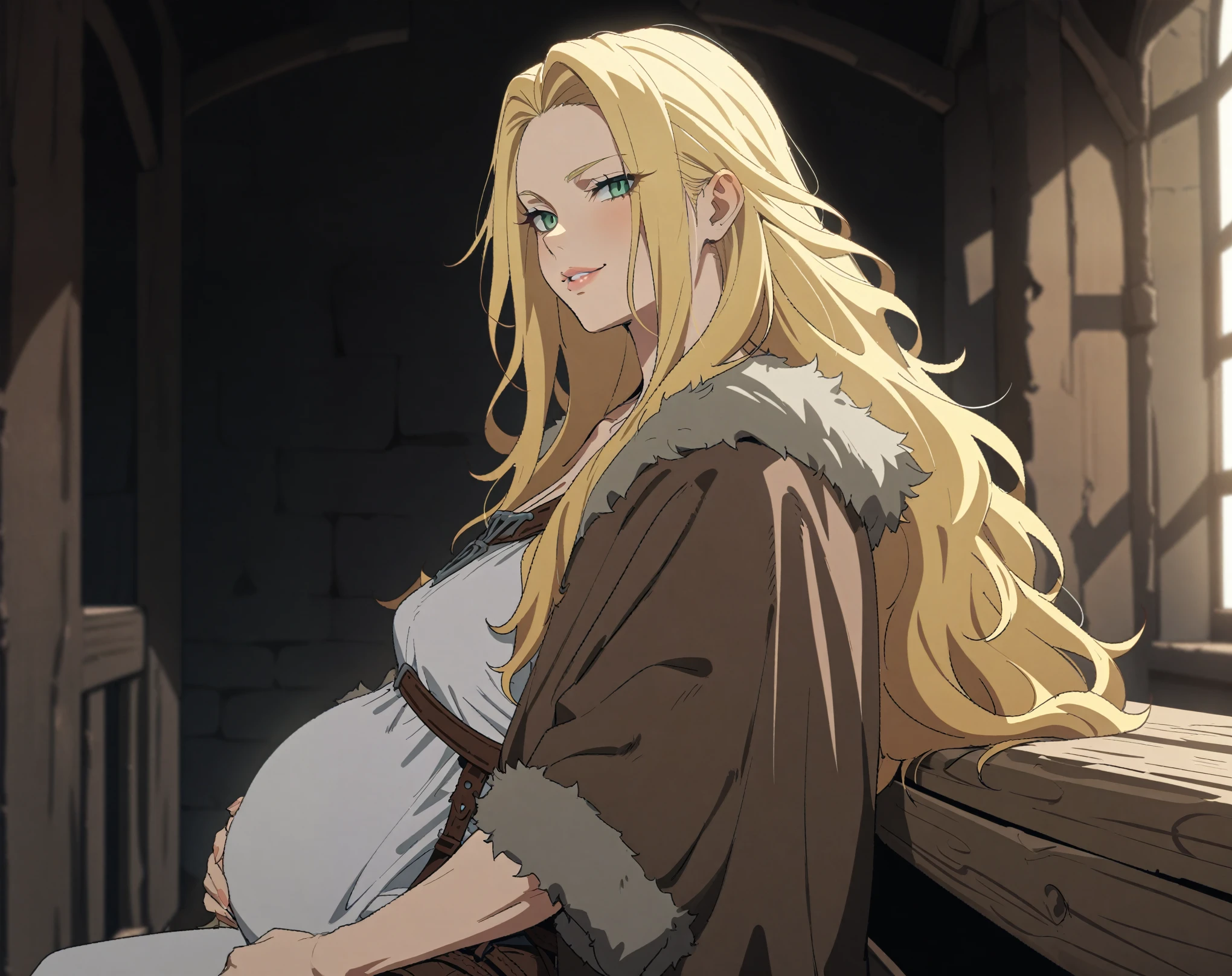 (Masterpiece, best quality, highres) {{Artist: Sincos}} 1 woman, mature, viking, muscular, 30 years old, tomboy, tall, strong, a bit pregnant, fair skin, sharp eyes, green eyes, long hair, shaggy hair, blonde hair, lips, seductive smile, looking at camera, leather armor, gray fur cloak, in viking hall, sitting on pelt, on bench, from the side, pov, medieval fantasy.