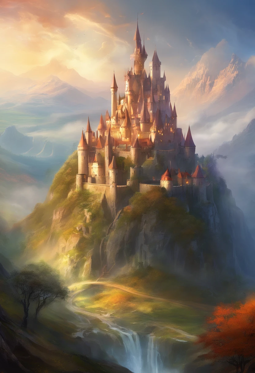 A large castle on a hill and at the foot of the mountain a large town surrounded by a large wall that starts from the castle