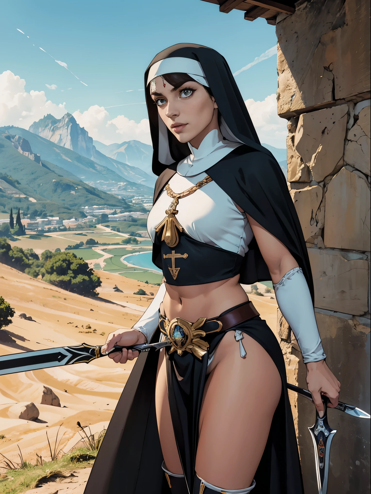 (Obra de arte, Maximum quality, melhor qualidade, arte oficial, beautiful and aesthetic:1.2), (1 garota:1.3), ((sharp facial features, sharp features, Hawkish features)), ((olhos azuis)), morena peituda garota cavaleiro paladino, extremamente detalhado, retrato, olhando para o espectador, Sozinho, (corpo todo:0.6), detailed Fundo, Tiro de corpo inteiro, (tema de prado de montanha quente:1.1), Santo cavaleiro, (nun), charlatan, sorriso pretensioso, misterioso, Swinging in the mountains, armaduras, metal polido, gold trim, botas longas, Tecido branco, pelvic curtain, manto, couro claro, ((((nun, Espada larga, heavy armaduras, armadurased, pernas longas, pelvic curtain, tonificado, muscular)))), Cintura fina, quadris finos, pernas longas, medieval (exterior da montanha:1.1) Fundo, dark misterioso lighting, sombras, magical atmosphere, Dutch angle