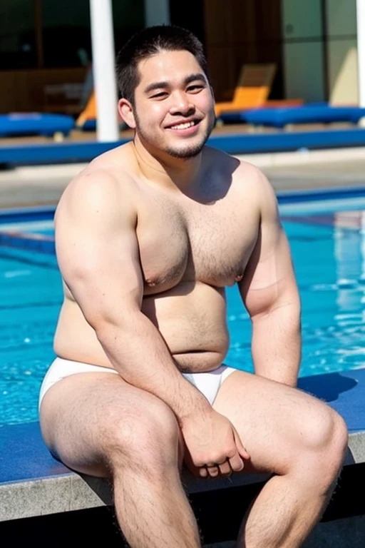 ((highest quality)), ((masterpiece)), (detailed), Perfect Face、Shaved head、若い日本people、Muscular、Fat body、Big guy、smile、white small swimsuit、Emphasize the chest、Thick legs、Thick arms、Thick neck、naked、have power、Big guy性器による膨らみ、Sitting and spreading your crotch、At the gym、Men2people、Raising his armasculine body、
