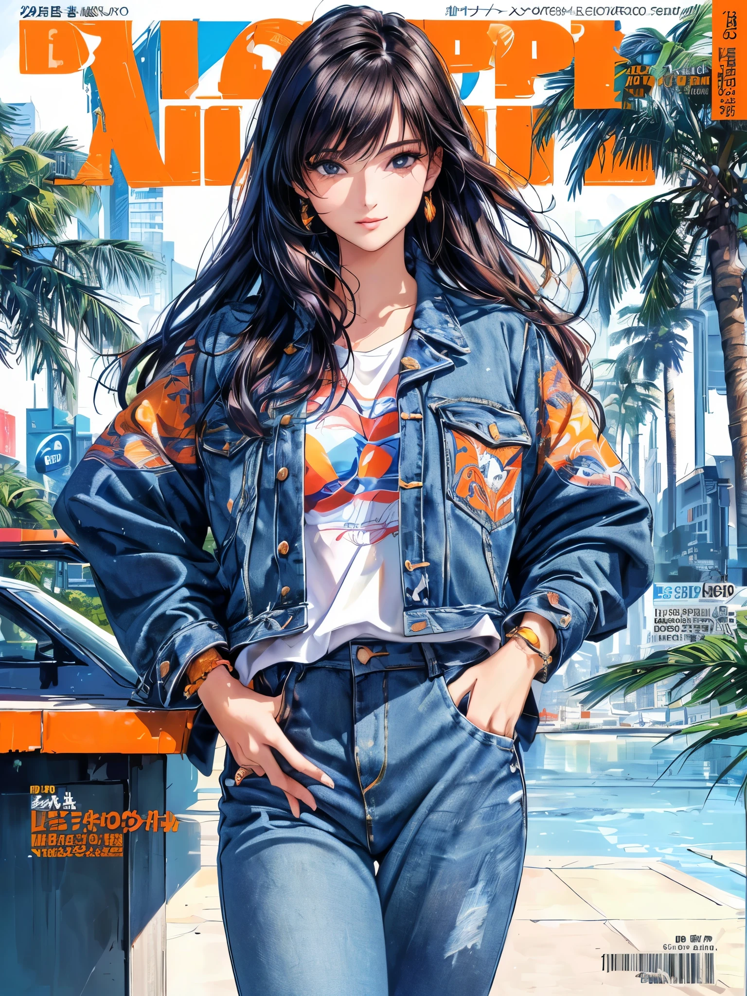 Orange and indigo keynotes, Vibrant colors, ((masterpiece))), (((top-quality))), ((ultra-detailliert)), (A hyper-realistic), (highly detailed CGillustration), Official art, CD cover, urbane, City Pop, Palm trees, seaside, Long Black Hair, It will be Cool feeling, Mid summer, Stylish, glorious 1980s, Cool Beauty, cochetti gorgeous, matchless beauty, jaket, jeans, Female Solo, Perfect Angle, perfect-composition, Face close-up, (Magazine:1.35), (Cover Style:1.3)