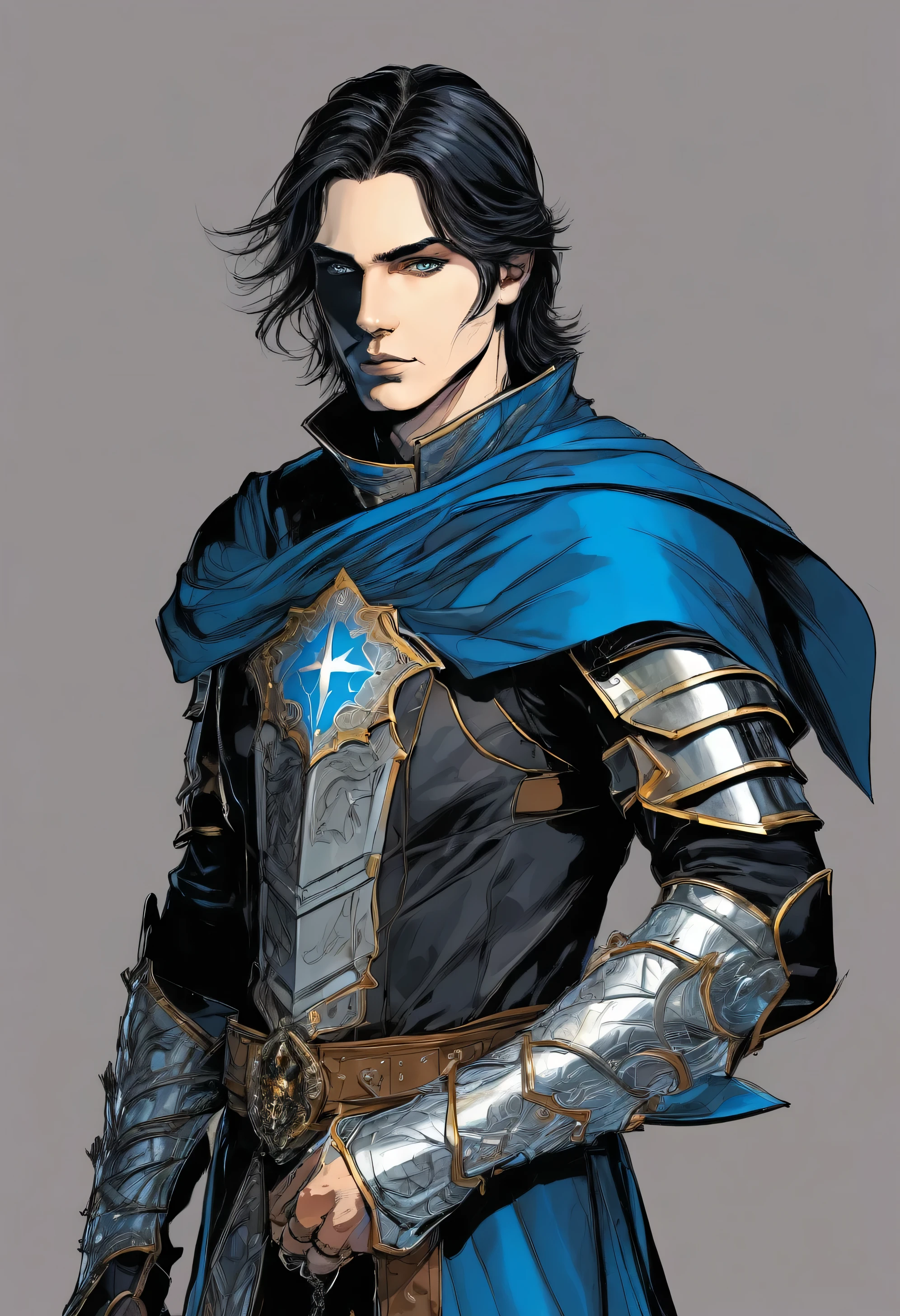 charming looking man, cabelos loiros e olhos azuis. He is wearing black metal armor and a blue cape hangs over his shoulders on the left side.. arte digital/art comic.