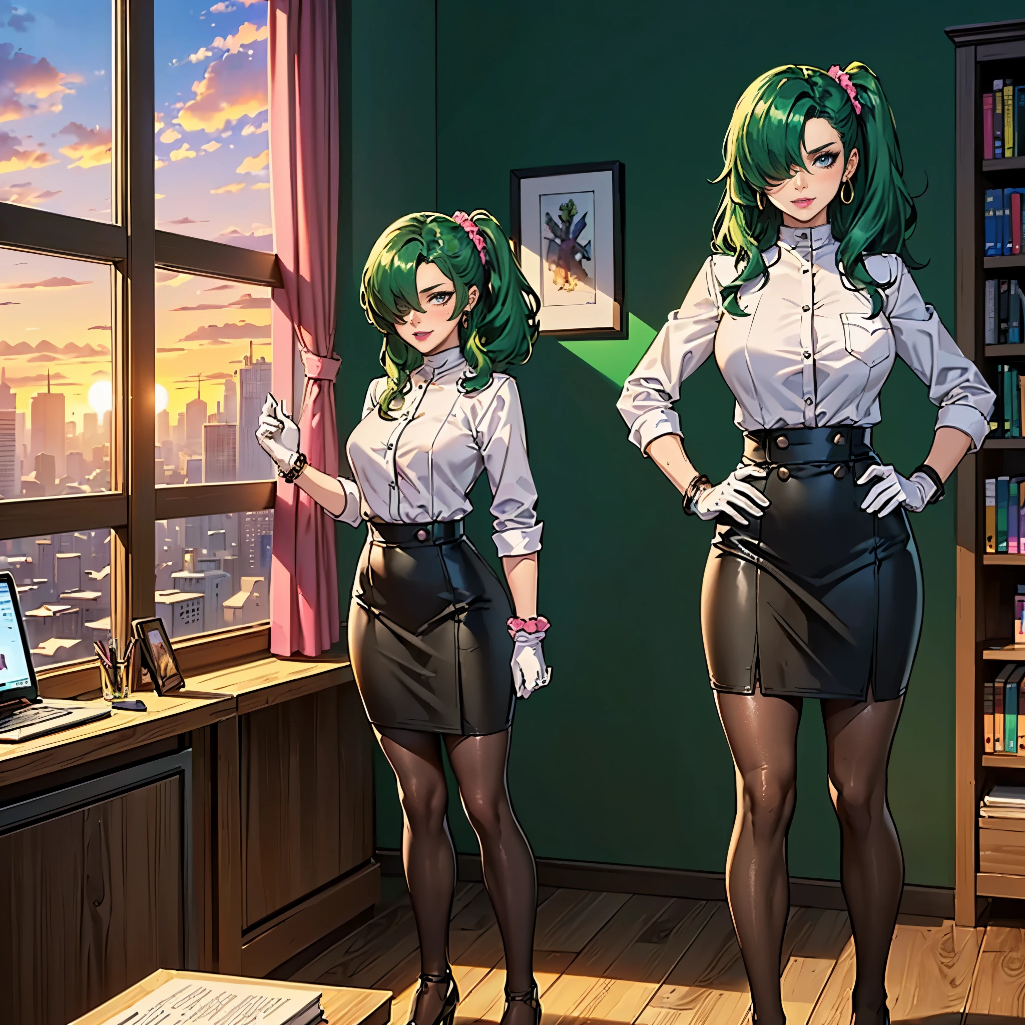 ((1girl, solo ,alone, long hair, green hair, yellow eyes, hair covering one eye, long gloves, white gloves, woman, (one hand on her hip, one hand behind her head) , dynamic pose, muscular female, gold bracelets, ruby earrings)), , ((solo, (1woman, pink lipstick), Extremely detailed, ambient soft lighting, 4k, perfect eyes, a perfect face, perfect lighting, a 1girl)), ((1girl, solo, alone, ai hayasaka, bangs, blue eyes, blonde hair, hair ornament, sidelocks, side ponytail, scrunchie, hair scrunchie, blue scrunchie)), ((solo, (1woman, pink lipstick), Extremely detailed, ambient soft lighting, 4k, perfect eyes, a perfect face, perfect lighting, a 1girl)), austere, ((shy smile, Officelady, Black suit, Black tight skirt, White blouse, Black tights, Office, lana, Beautiful woman, gazing at viewer, Looking here, hight resolution, top-quality, full body, animations, illustratio, office, penthouse, executive room, large window, landscape of a metropolis, sunset, clouds)), documents, books, table, shelves, pencil holder, computer