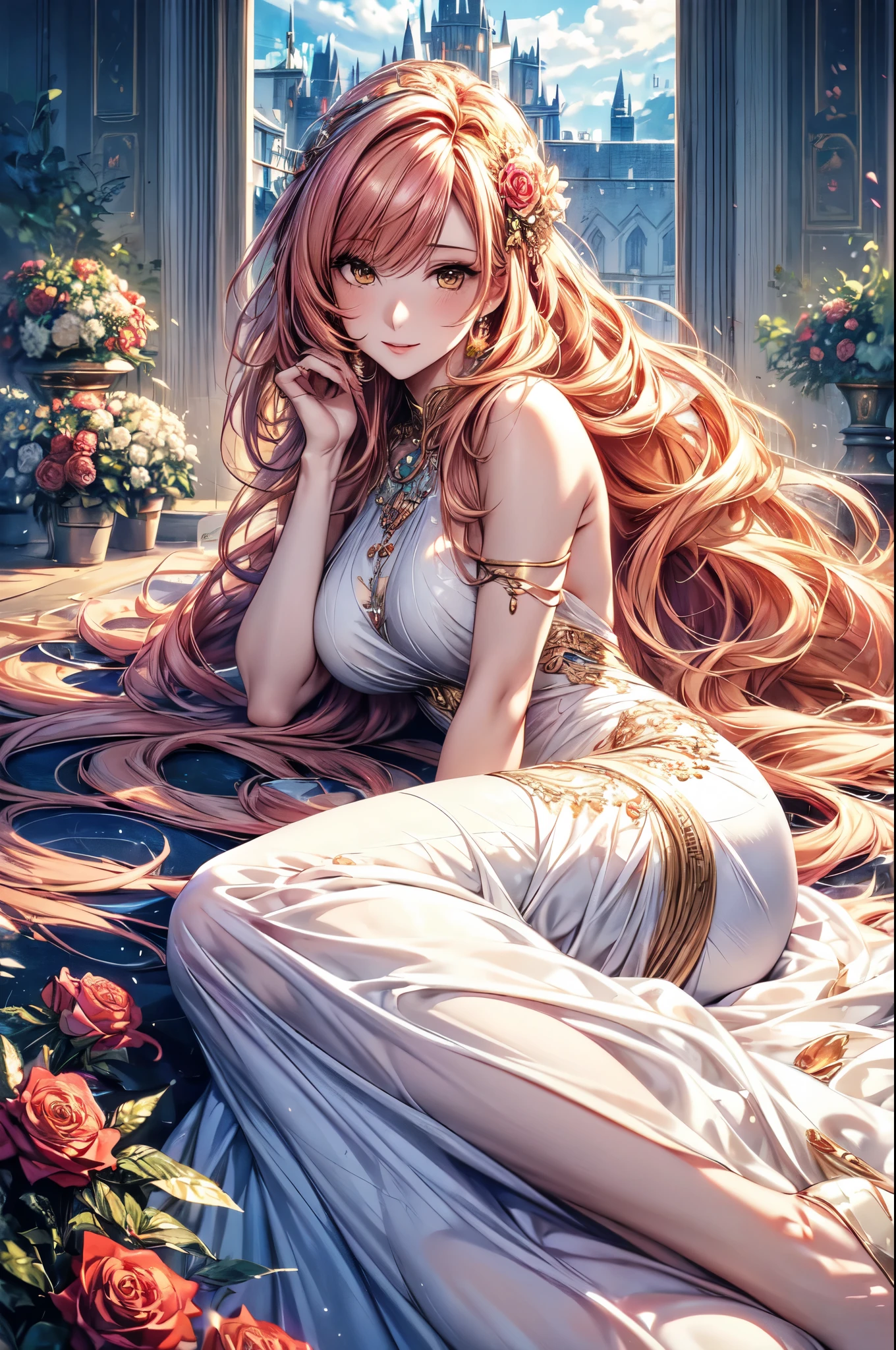 (masterpiece, absurd quality, official art, beautiful and aesthetic:1.2), professional, vivid color, Octane Render, beautiful really long golden pink haired woman, curtain fringe, yellow eyes, lying on a flower bed, ((lying down)), looking at the sky, beautiful flowy opaque white dress, goddess, feminine pose, full background, ((silk)), (flowers, roses), indepth background, faroff view, glow, iridescent dress, jewels, window, blue sky, cloud, castle, full body, soft lighting, 8k, best quality, best quality, ((anatomically correct))