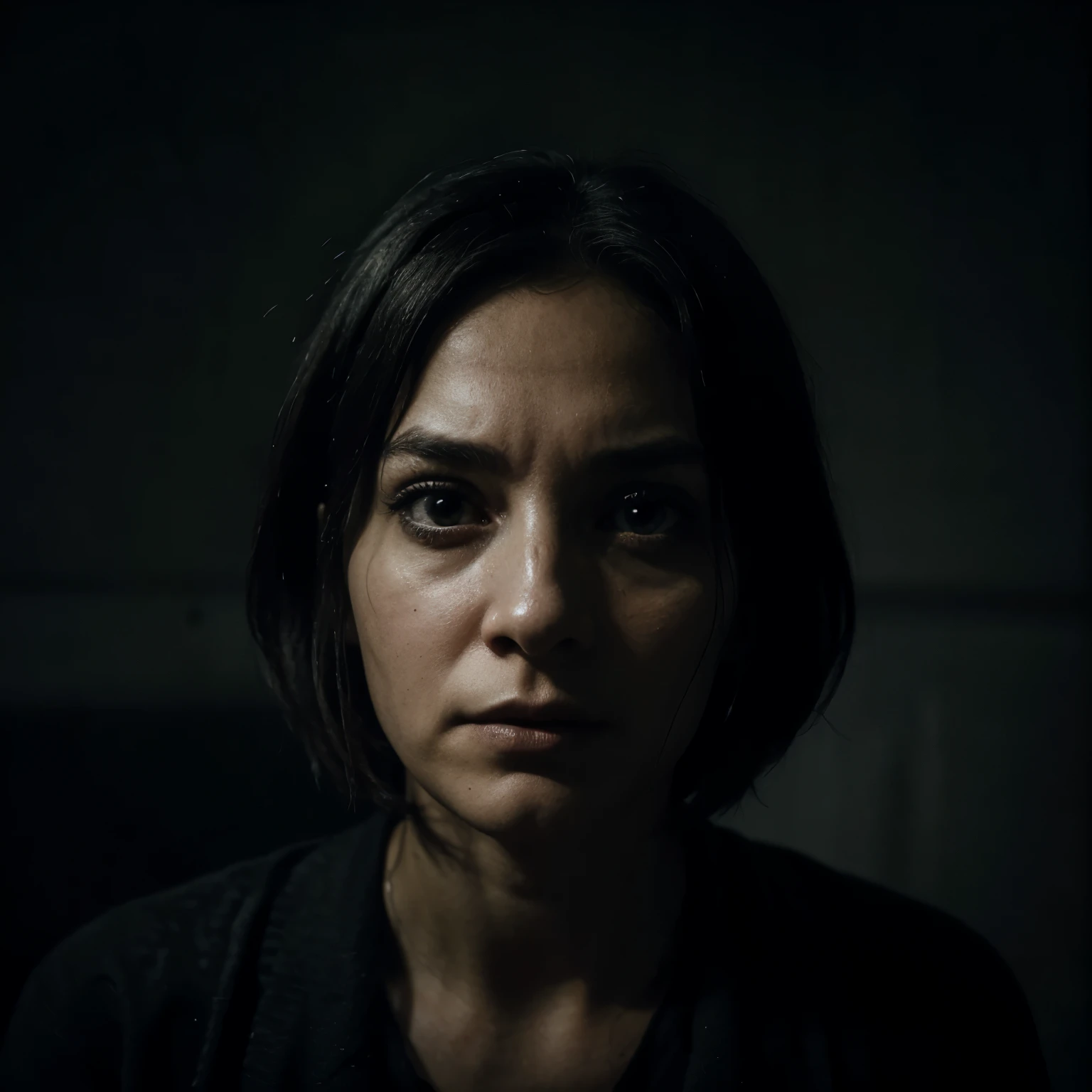 "Illustrate the only eye of a person in a bad, dark, and hallucinatory atmosphere. Depict the eye with detailed elements that convey anxiety, inner darkness, and exhaustion. Include hallucinatory elements such as blurry shadows, threatening abstract shapes, and possibly strange symbols reflecting mental instability. Ensure the eye looks tired, with dark circles or bags under it, and the overall mood of the image is grim and eerie."