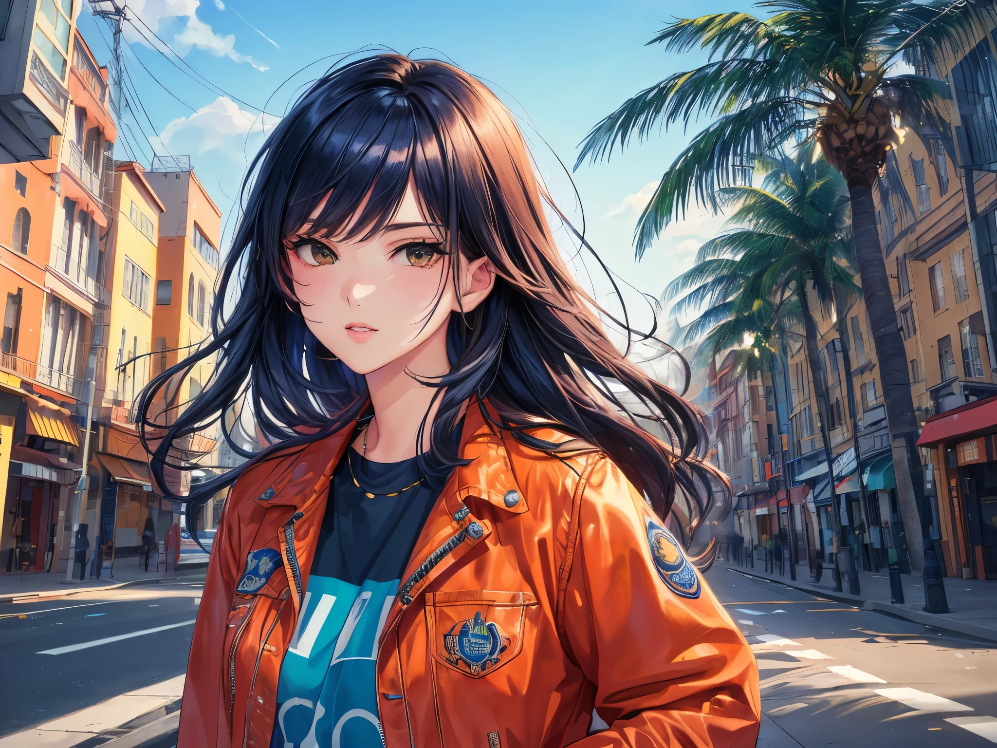 Orange and indigo keynotes, Vibrant colors, ((​masterpiece))), (((top-quality))), ((ultra-detailliert)), (A hyper-realistic), (highly detailed CGillustration), Official art, CD cover, urbane, City Pop, Palm trees, seaside, Long Black Hair, It will be Cool feeling, Mid summer, Stylish, glorious 1980s, Cool Beauty, cochetti gorgeous, matchless beauty, jaket, jeans, Female Solo, Perfect Angle, perfect-composition, Face close-up, 