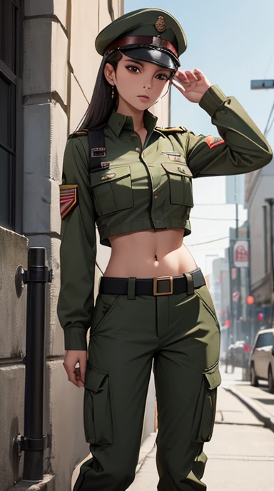 
Women in crop top soldier uniform, soldier hat,  exposed abdomen area, very low waist cargo pants, (navel piercing) , fat